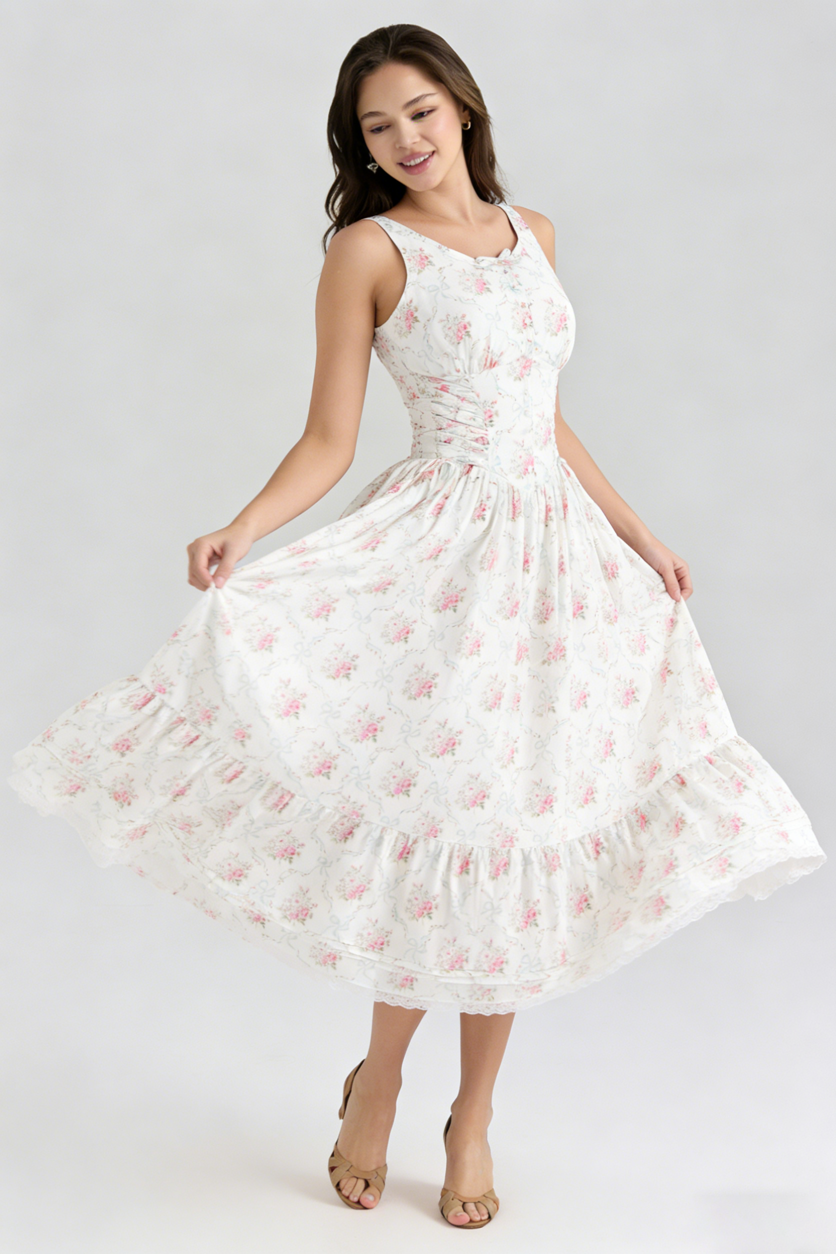HEDY ELASTIC TIE-WAIST PRINTED MIDI DRESS PINK