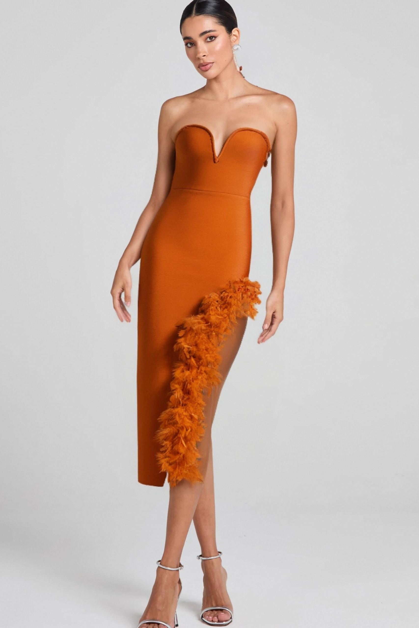 OSTRICH FEATHER V-NECK BANDAGE DRESS BROWN