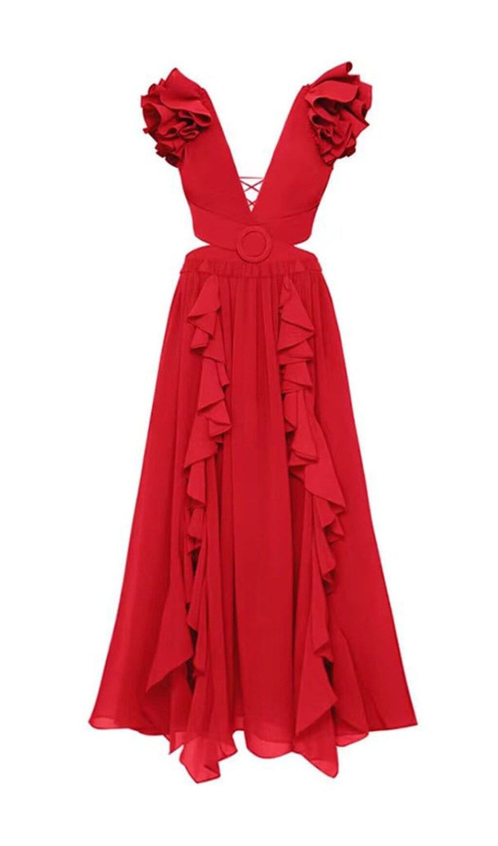 DEEP V RED CUTOUT ONE PIECE SWIMSUIT SKIRT SET