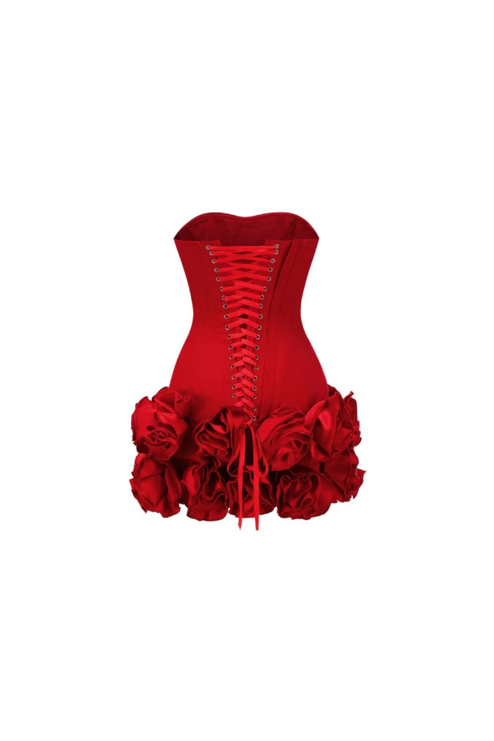 ANGELA STRAPLESS RED MINI DRESS, FLOWER TRIM PARTY