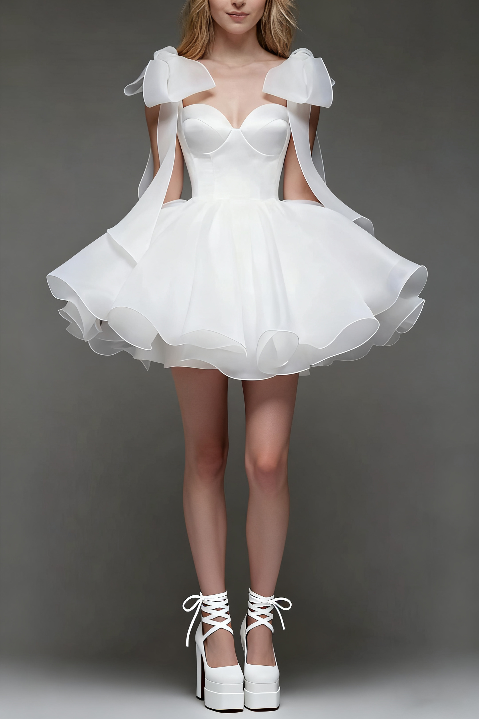 WHITE BOW SHOULDER MINI DRESS FOR PARTY
