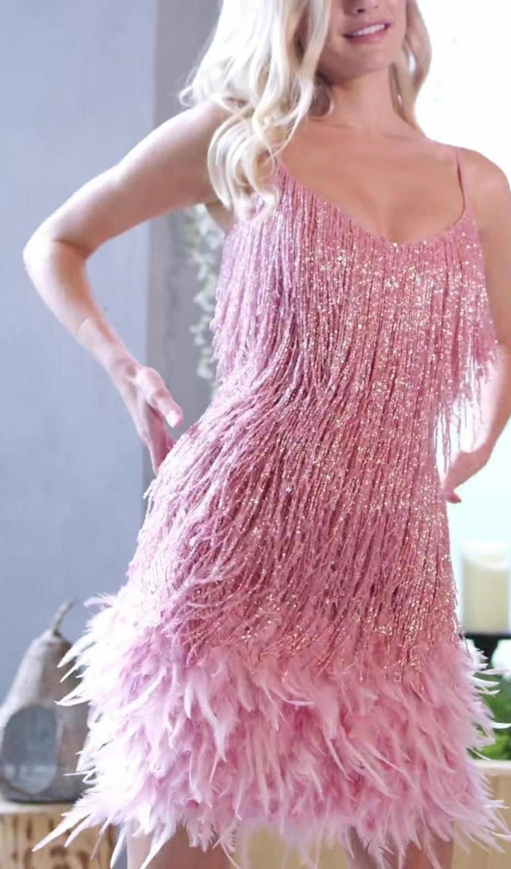 PINK TASSEL FEATHER MINI DRESS FOR PARTY