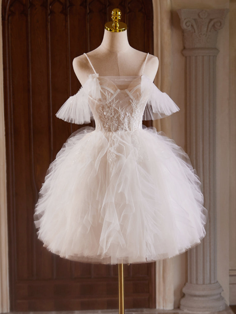 GLITTER BALL GOWN MINI DRESS IN CHAMPAGNE TULLE LACE