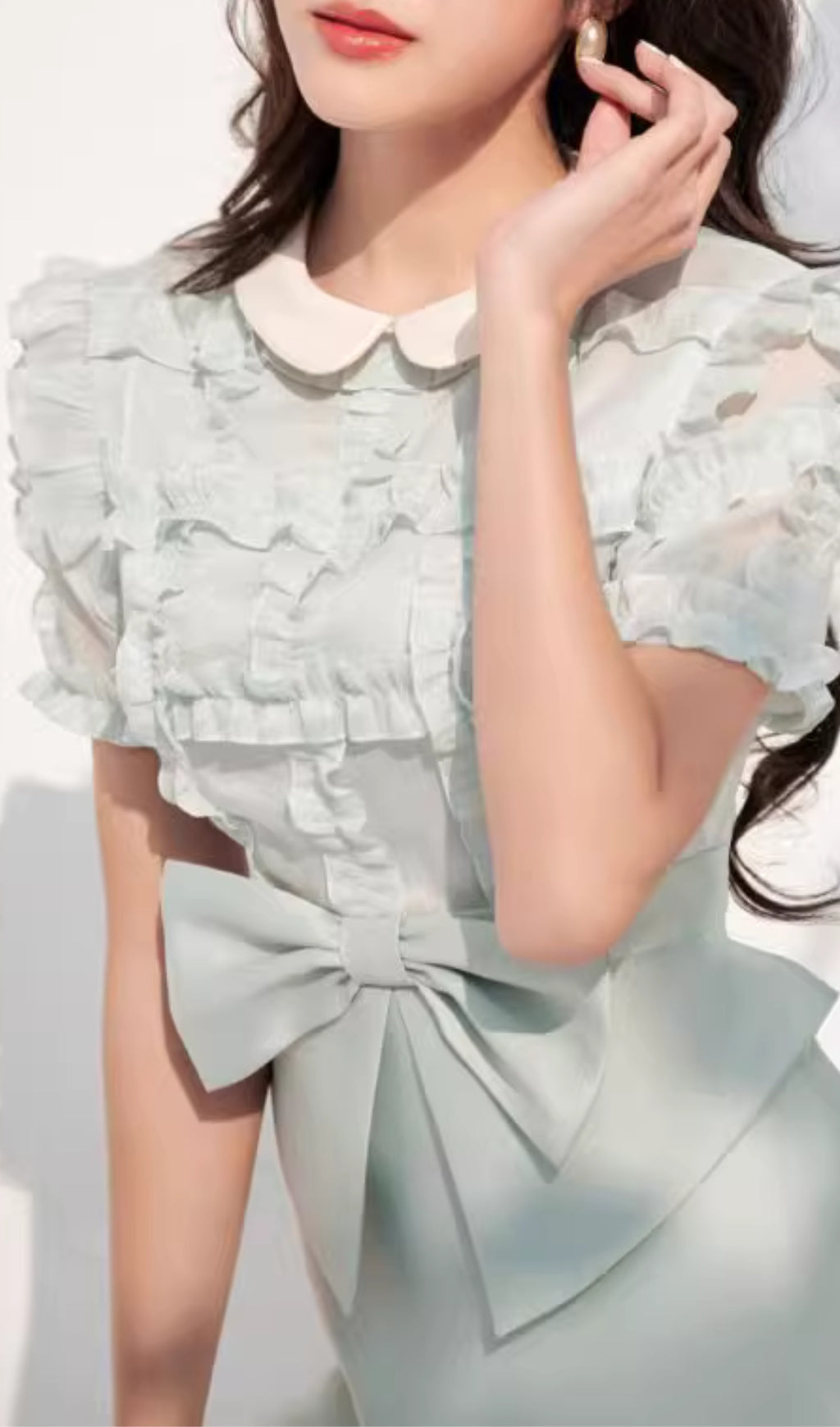 LIGHT GREEN BROCADE BOW MINI DRESS