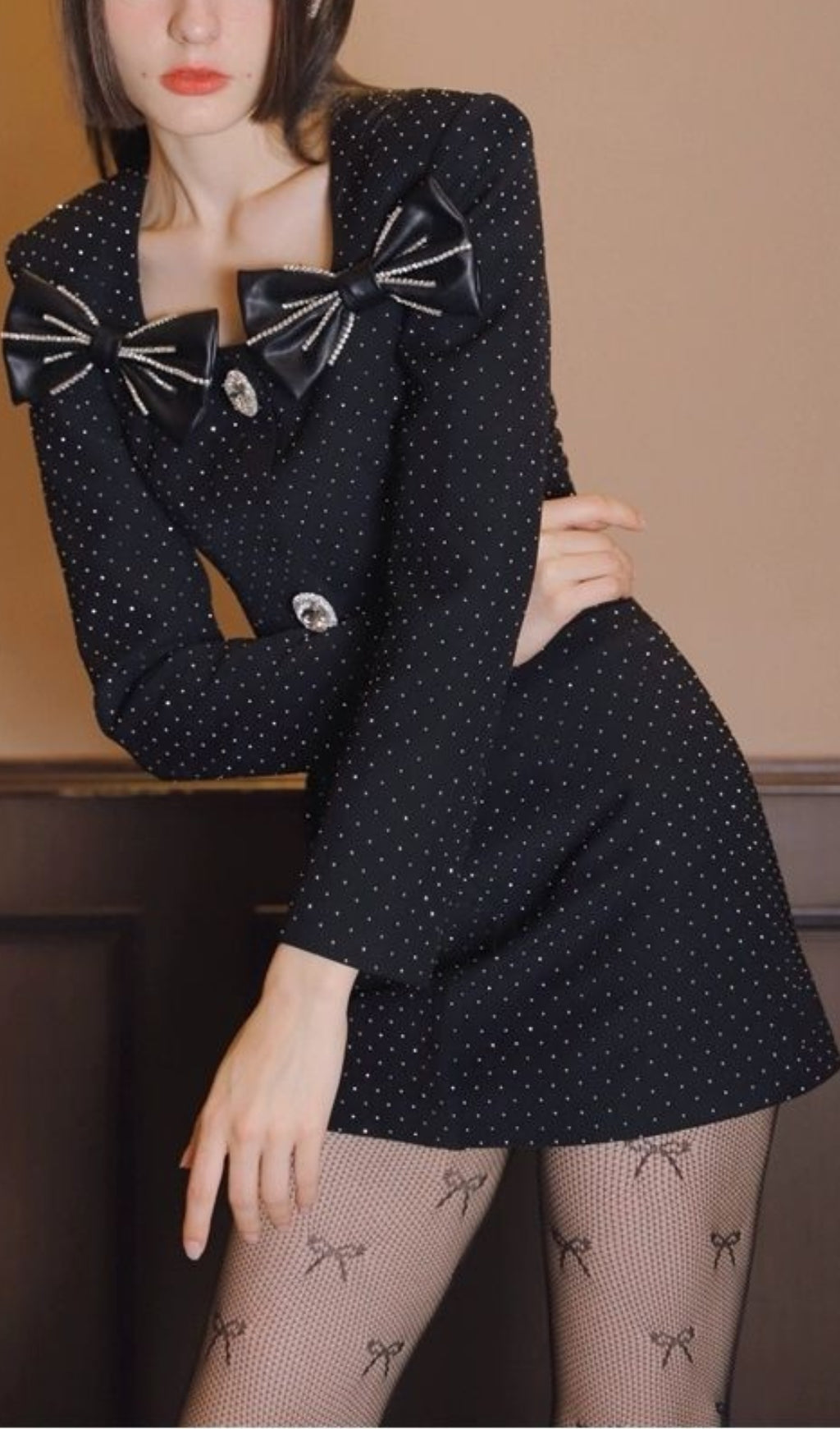 BLACK BOW MINI DRESS, LONG SLEEVE, PARTY
