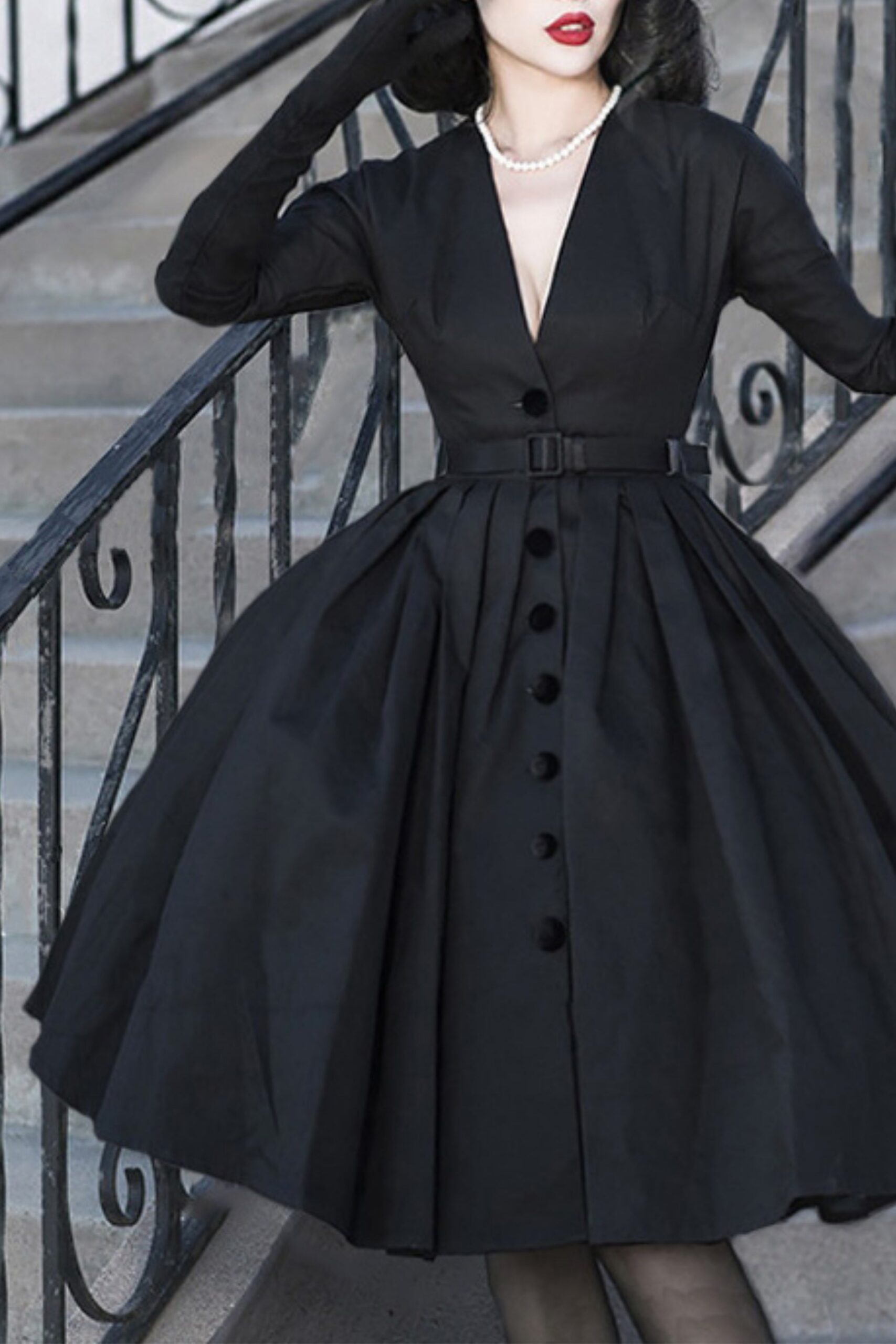 V-NECK MIDI DRESS BLACK, ELEGANT EVENING WEAR