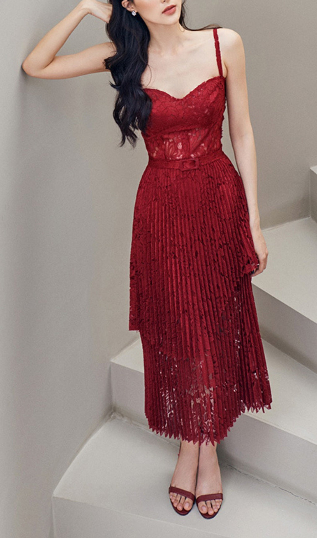 HOLLOW LACE SUSPENDER MIDI DRESS, RED, PARTY