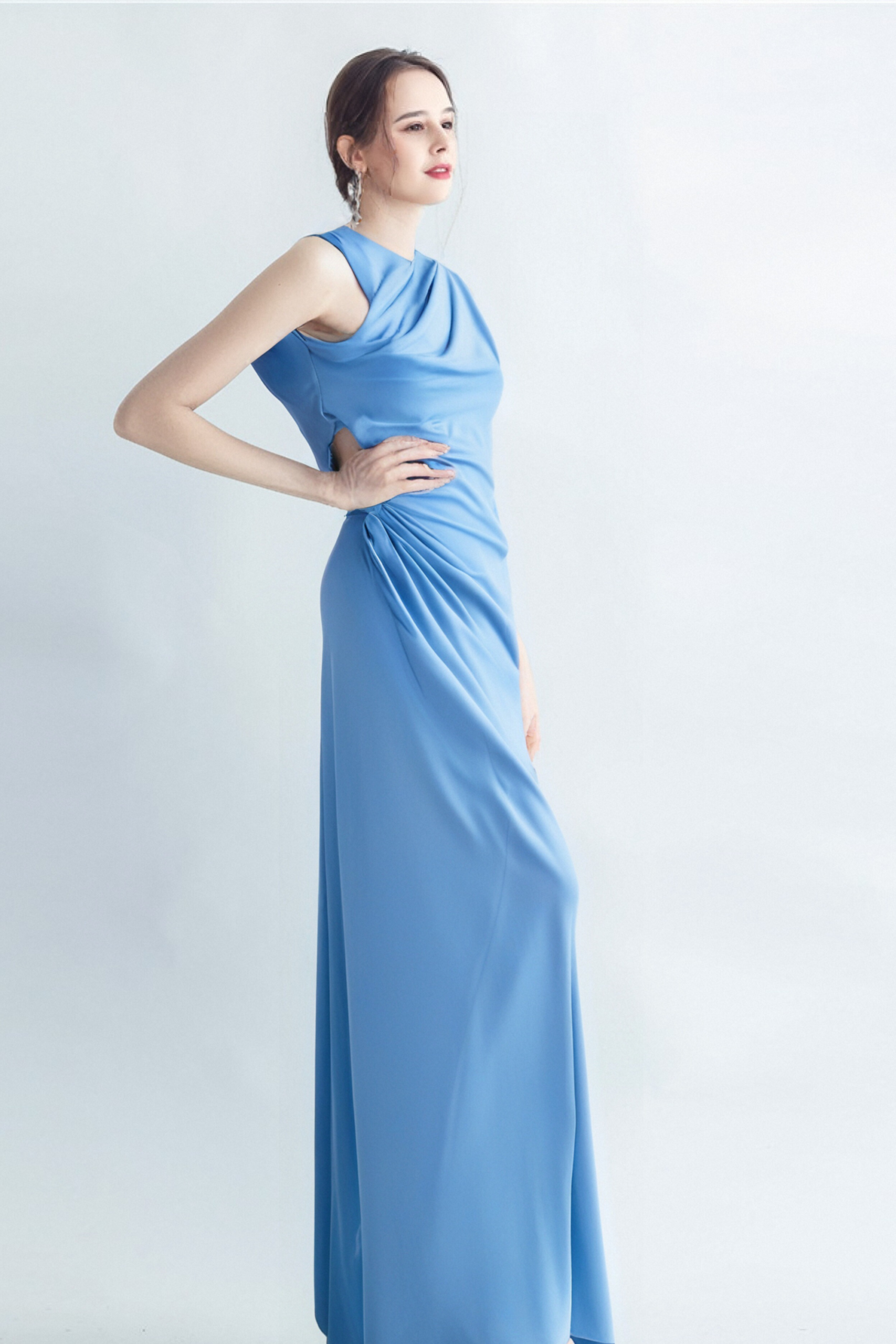 CASI SIDE-SLIT DRAPED JERSEY GOWN - BLUE EVENING