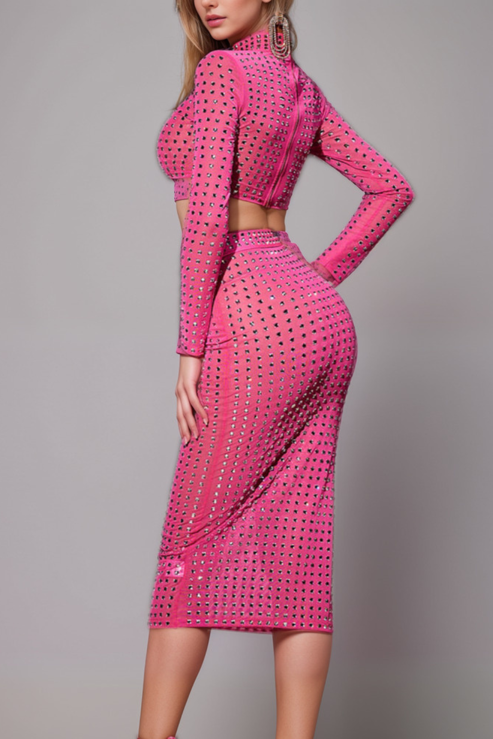 EMBELLISHED SPLIT MESH SKIRT SET HOT PINK PARTY