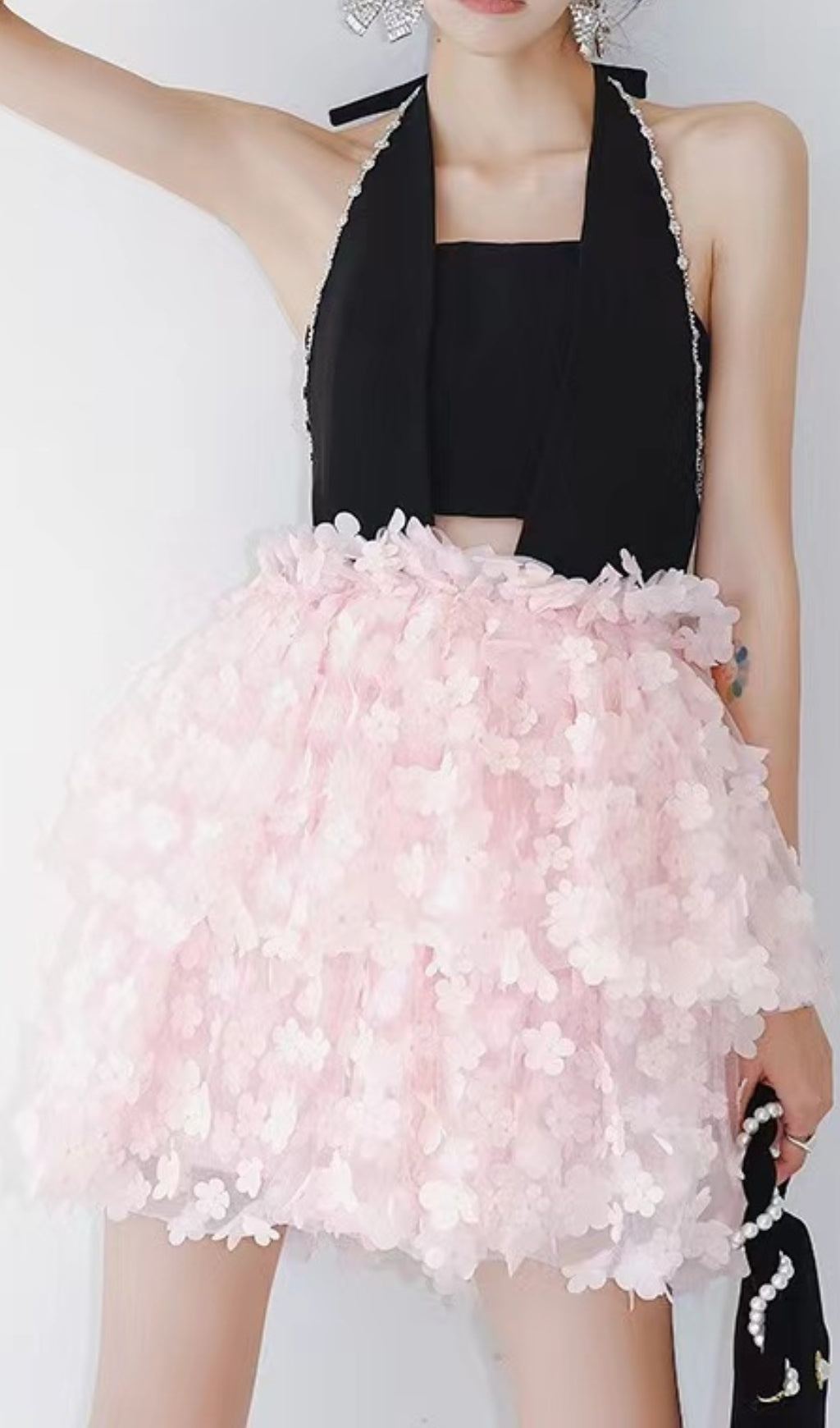 BLACK SLEEVELESS HALTER FLORAL PARTY DRESS