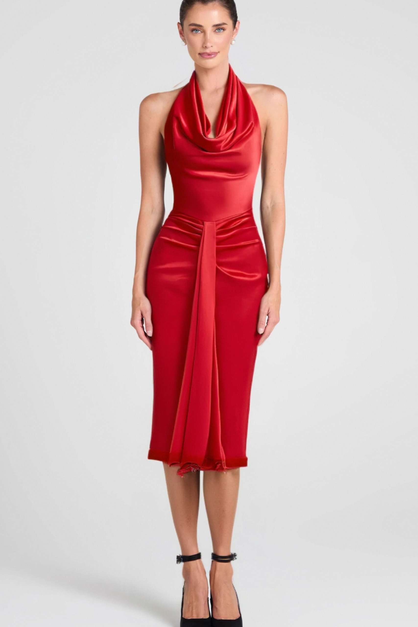 HALTER SATIN MERMAID MAXI DRESS - RED FORMAL GOWN