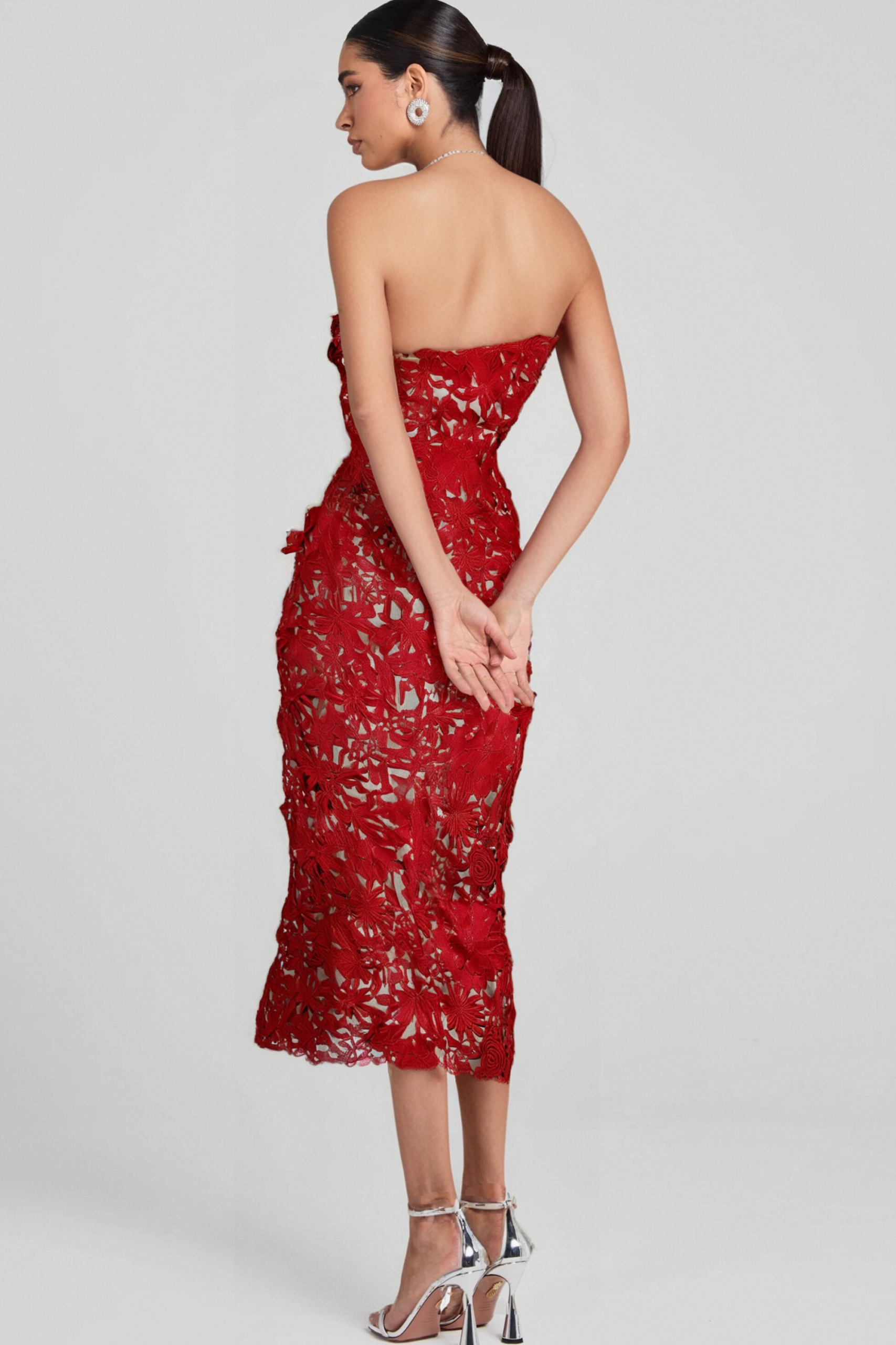 FLORAL EMBROIDERED RED MIDI DRESS FOR WEDDING