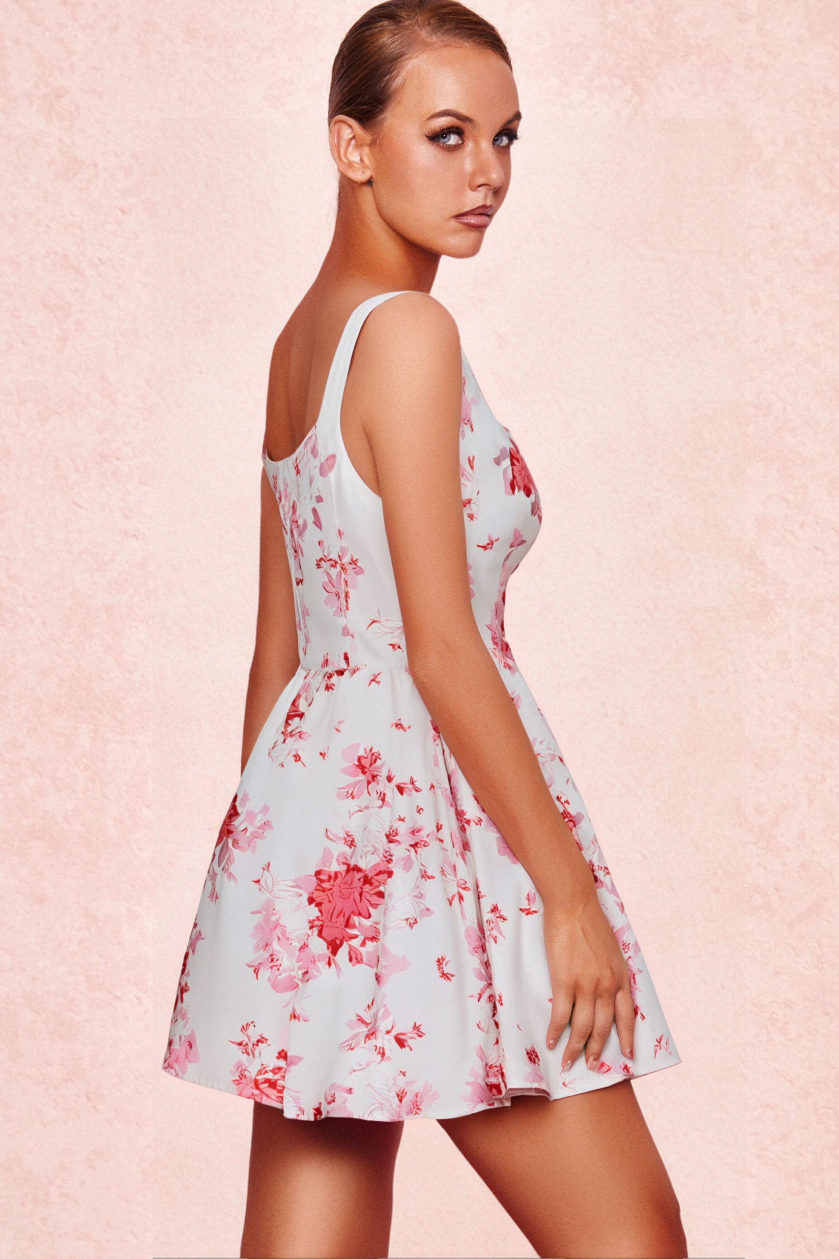 RETALE PINK FLORAL FLARED MINI DRESS FOR PARTY