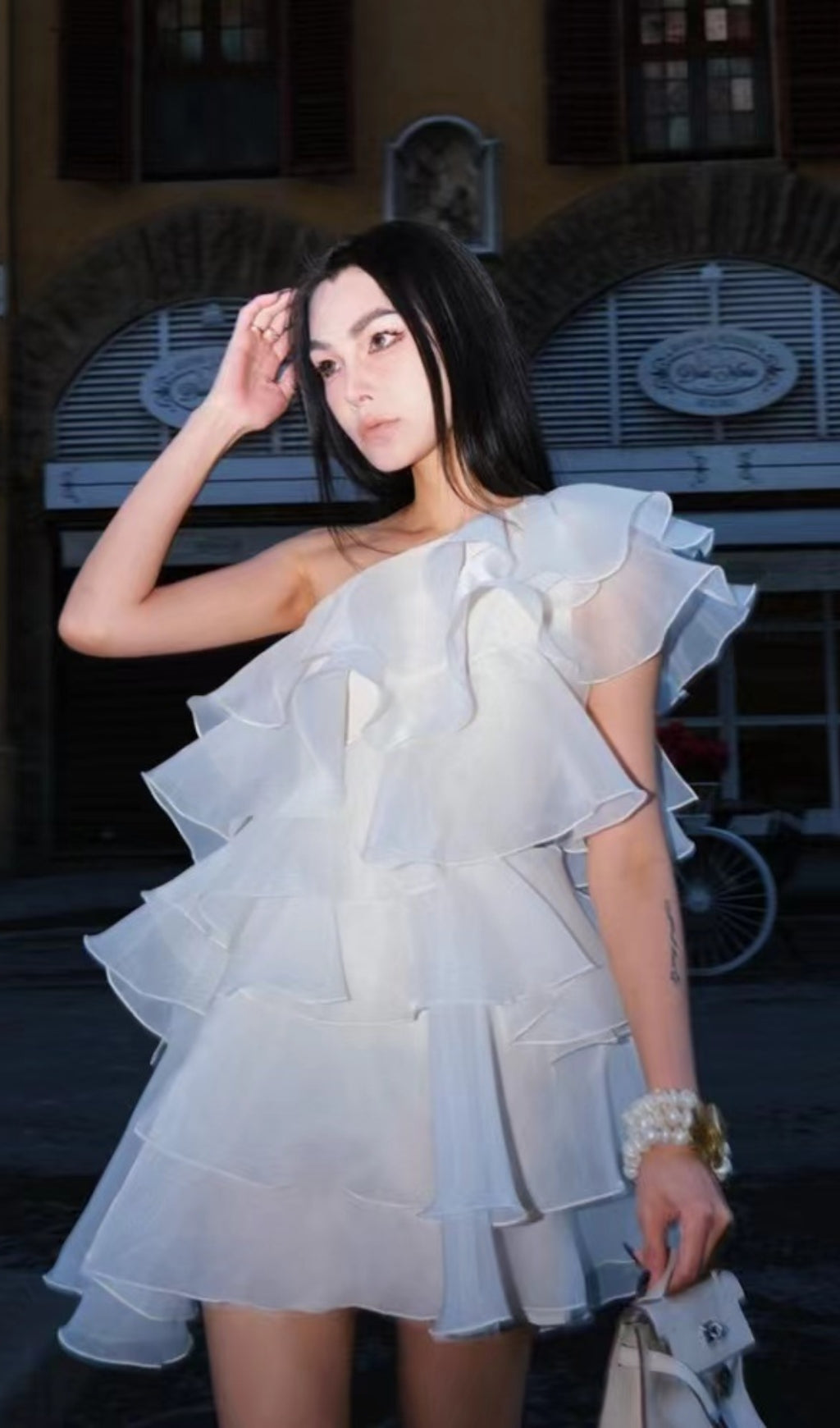 CAP SLEEVE ONE-SHOULDER TIERED MINI DRESS