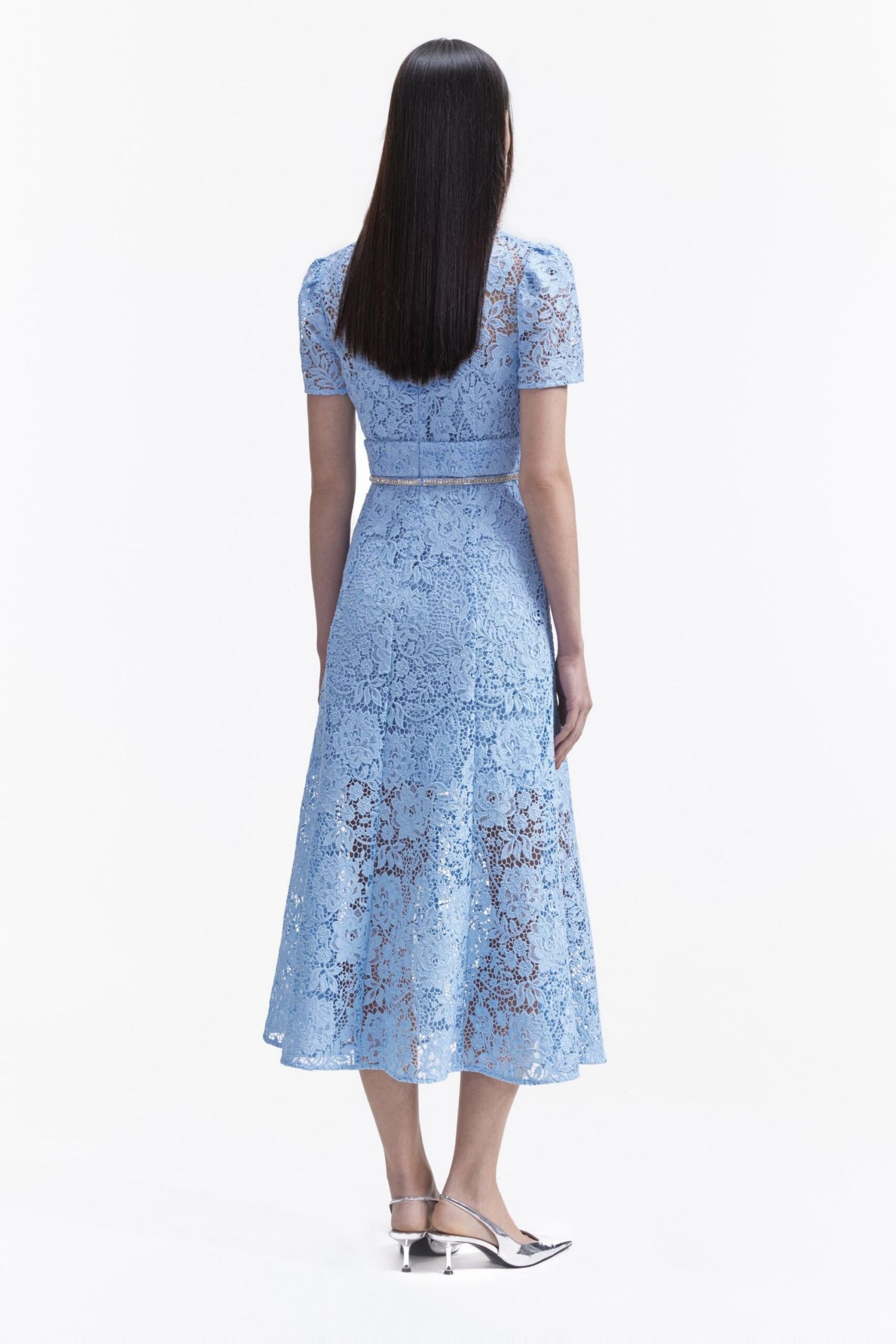 BLUE CORD LACE BOW MIDI DRESS FOR WEDDING GUEST