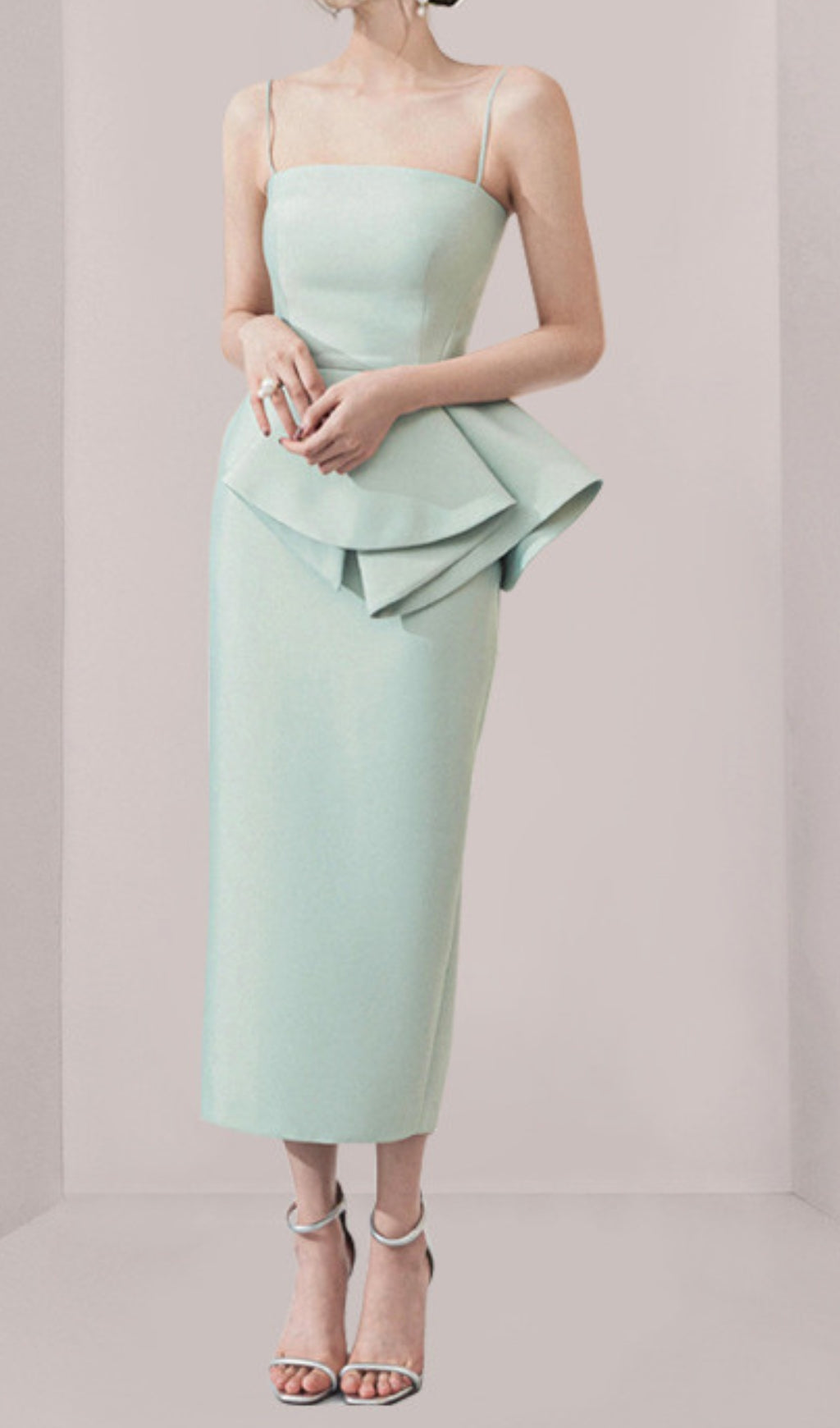 RUFFLE WRAP MIDI DRESS IN MINT GREEN