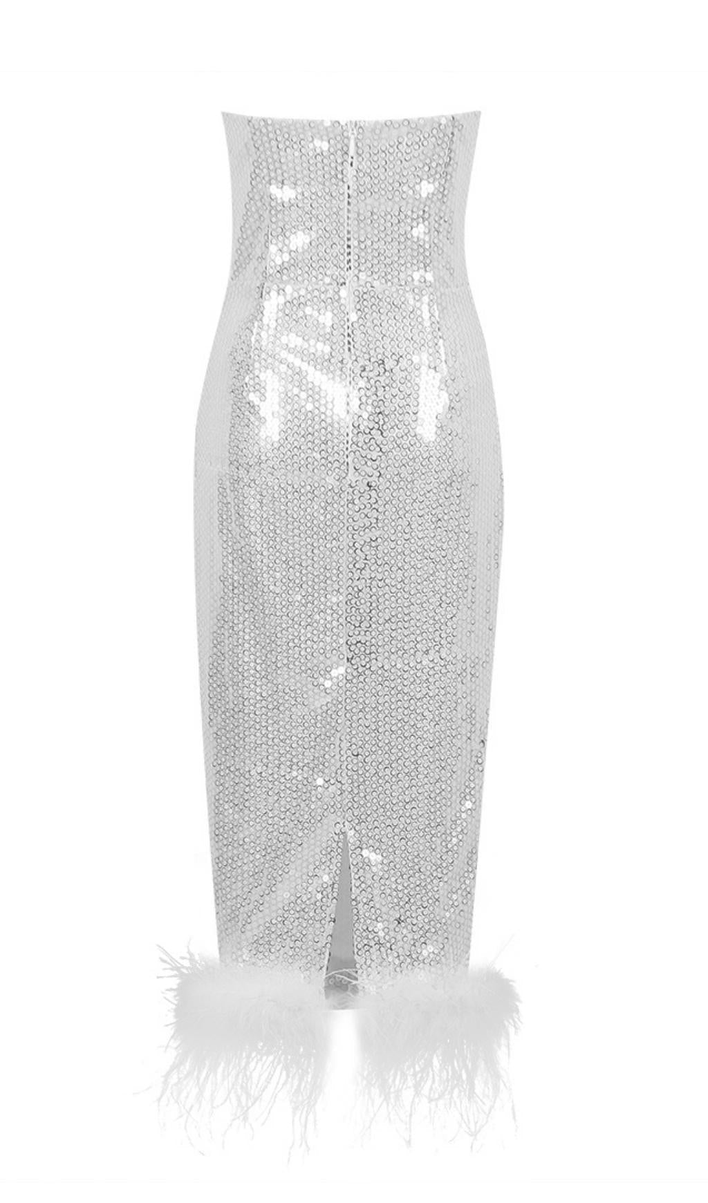 SEQUIN FEATHER WHITE MIDI DRESS FOR PARTY