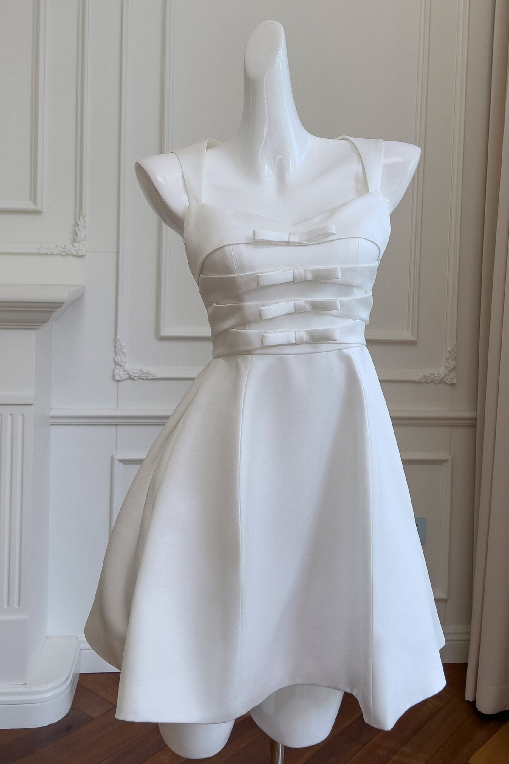ALYSSA BOW WHITE SATIN MINI DRESS FOR WEDDING