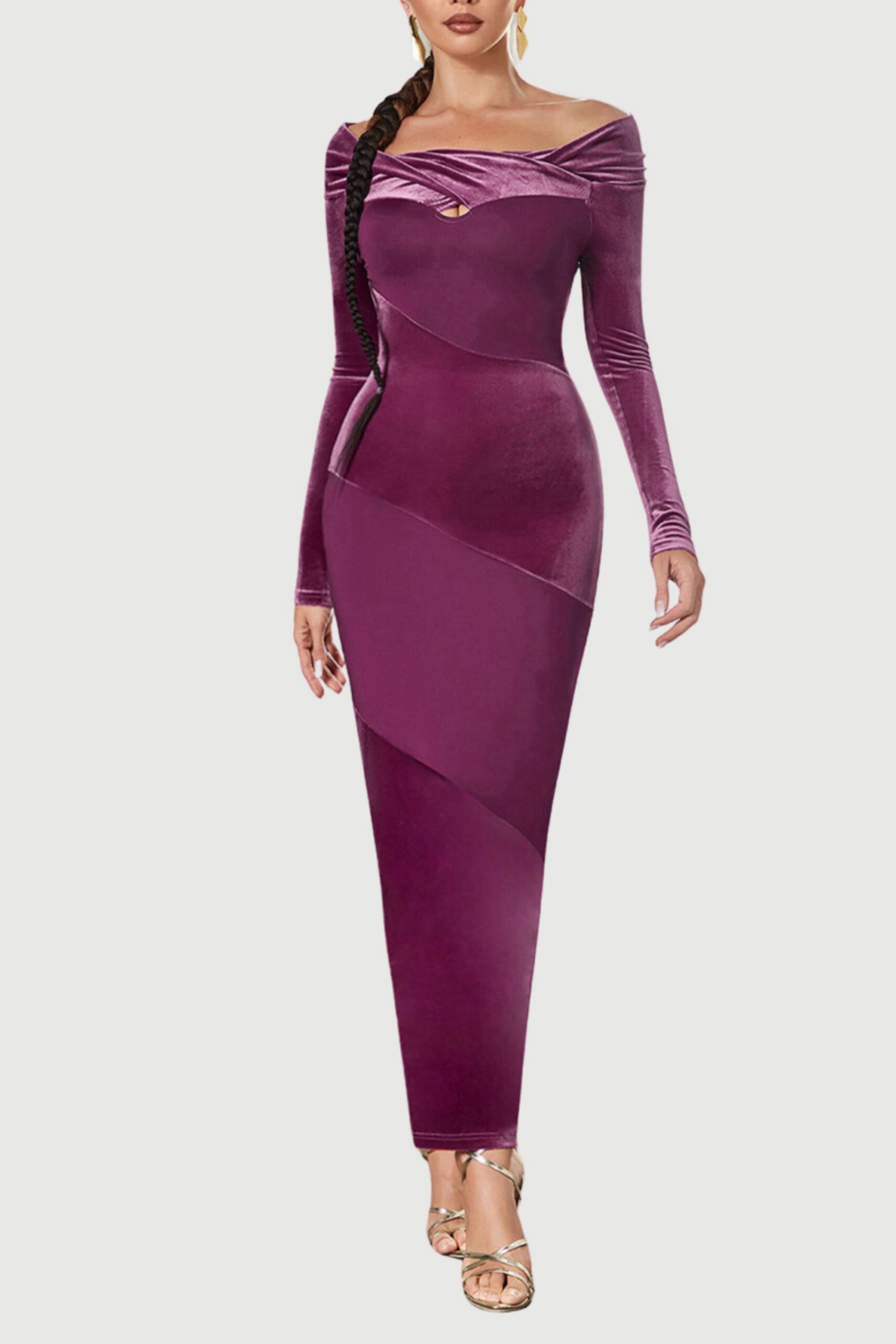 MAGENTA VELVET MAXI DRESS LONG SLEEVE FORMAL GOWN