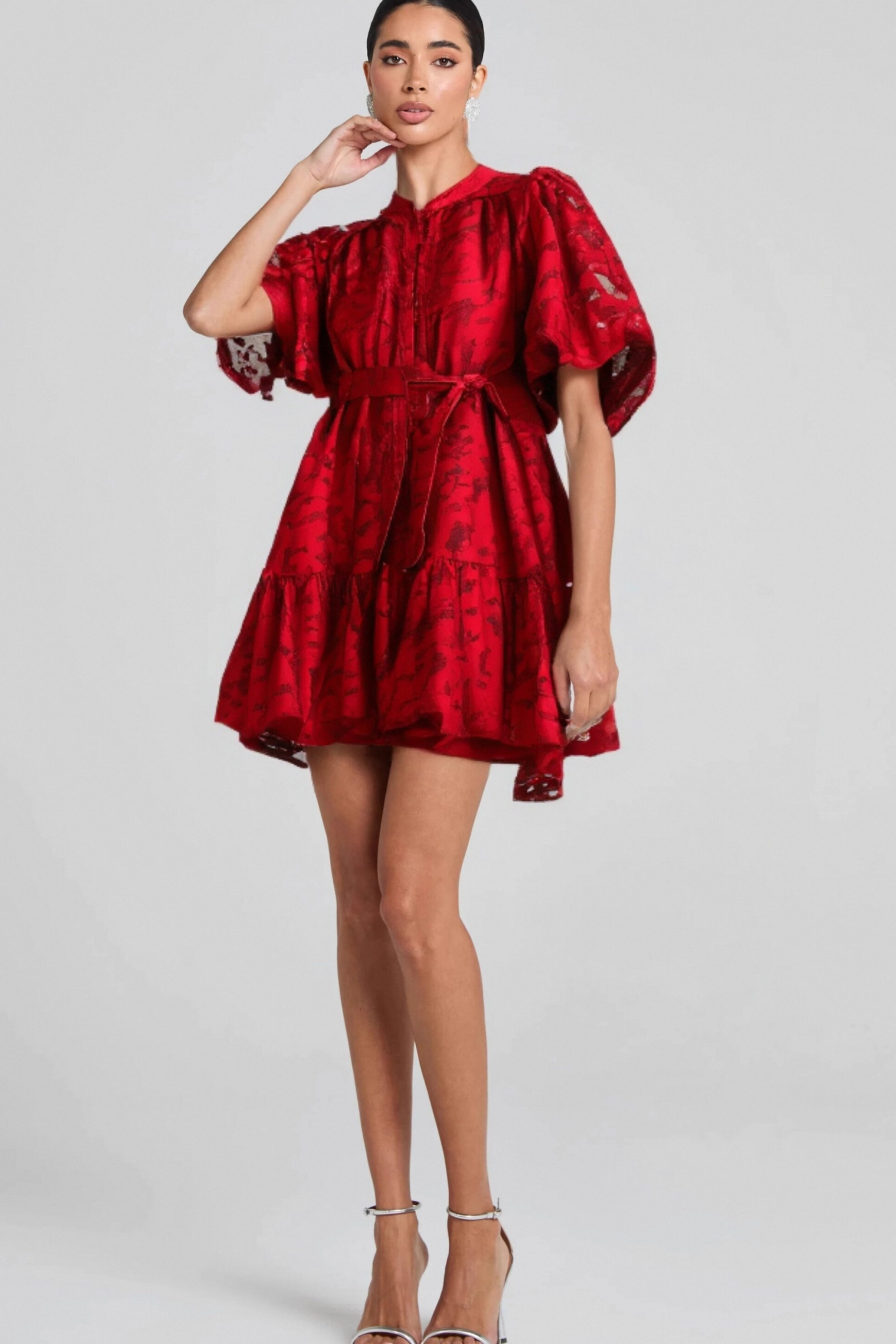 ATHÉNAÏS RED JACQUARD SEMI-SHEER COCKTAIL DRESS