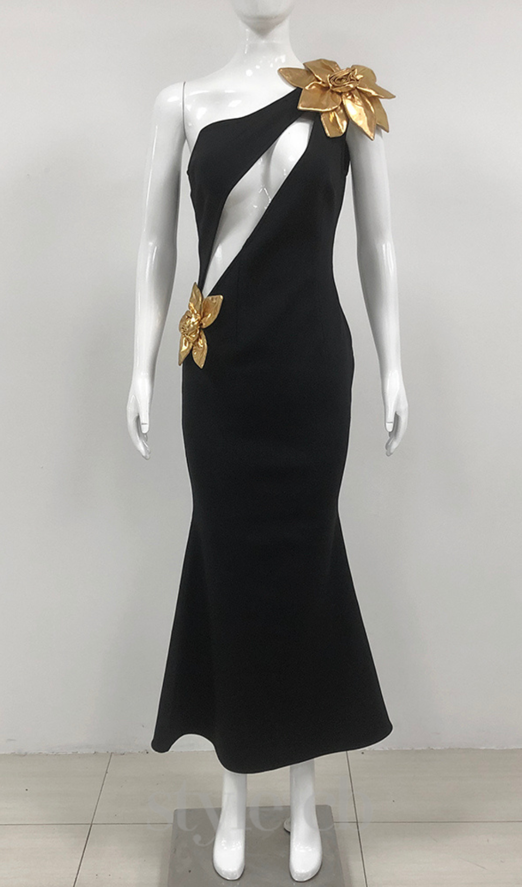 EUNICE GOLD 3D FLOWER MAXI DRESS BLACK