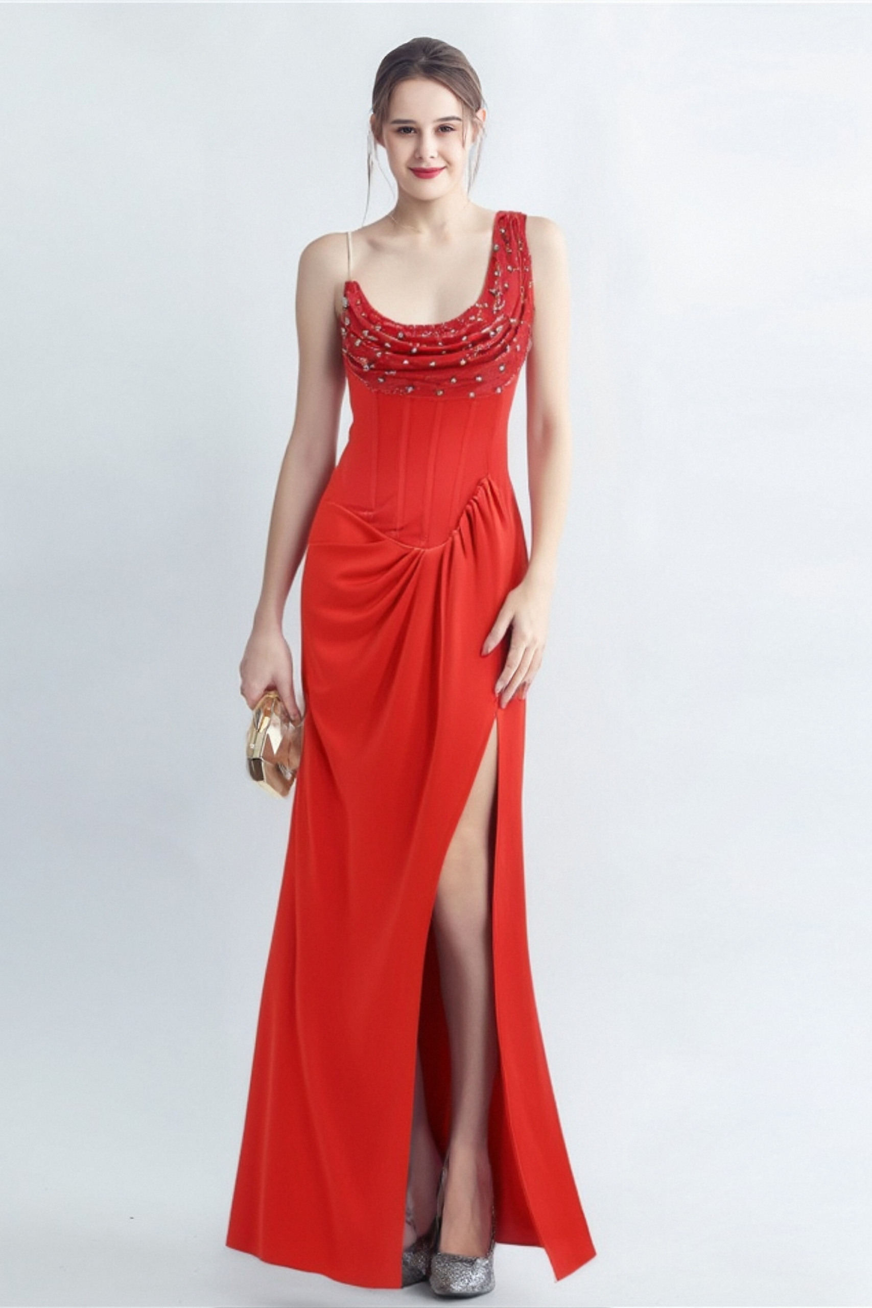 ELMA ONE-SHOULDER RED MAXI SLIT CRYSTAL DRESS