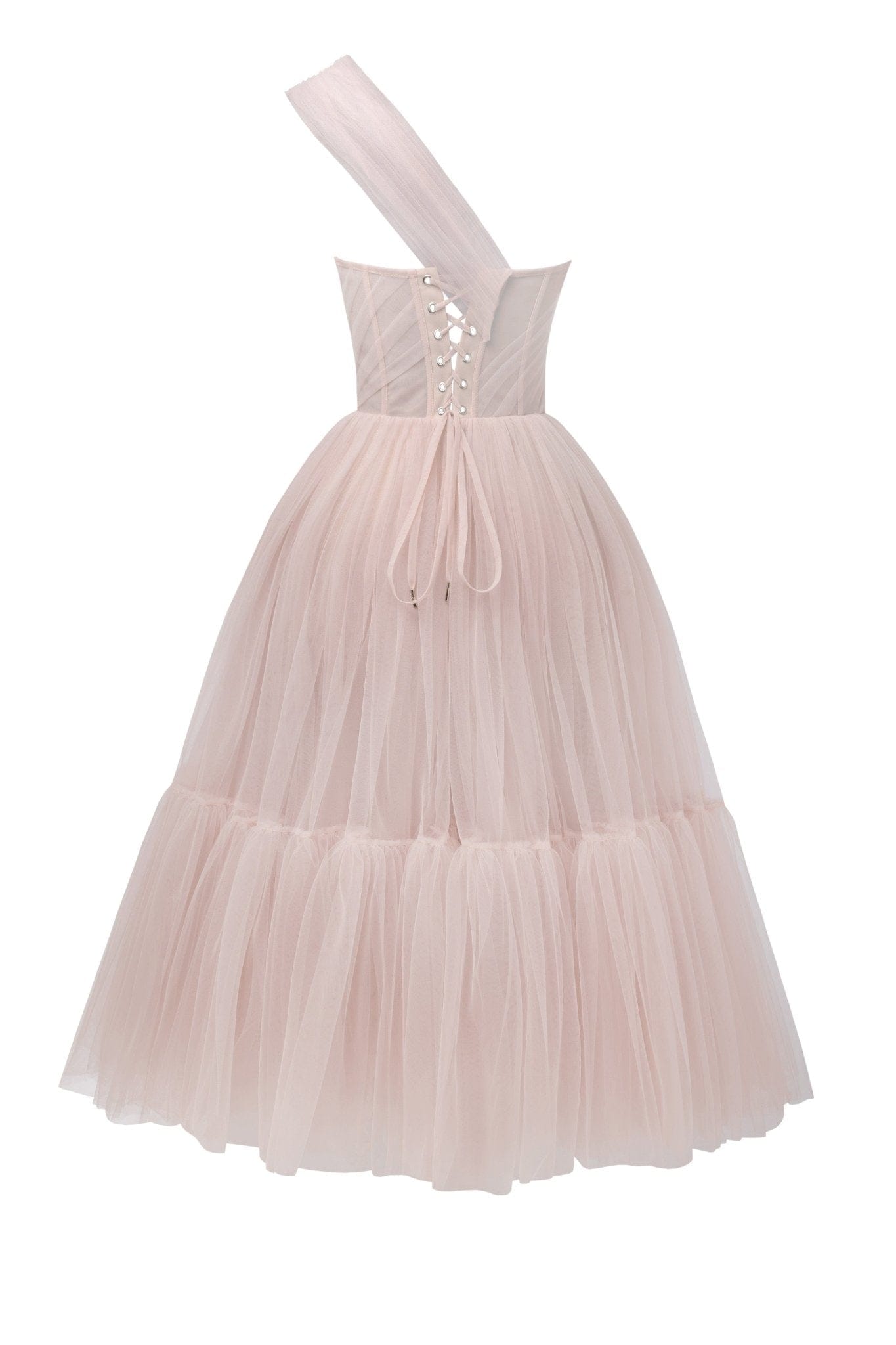MISTY ROSE ONE-SHOULDER TULLE COCKTAIL DRESS