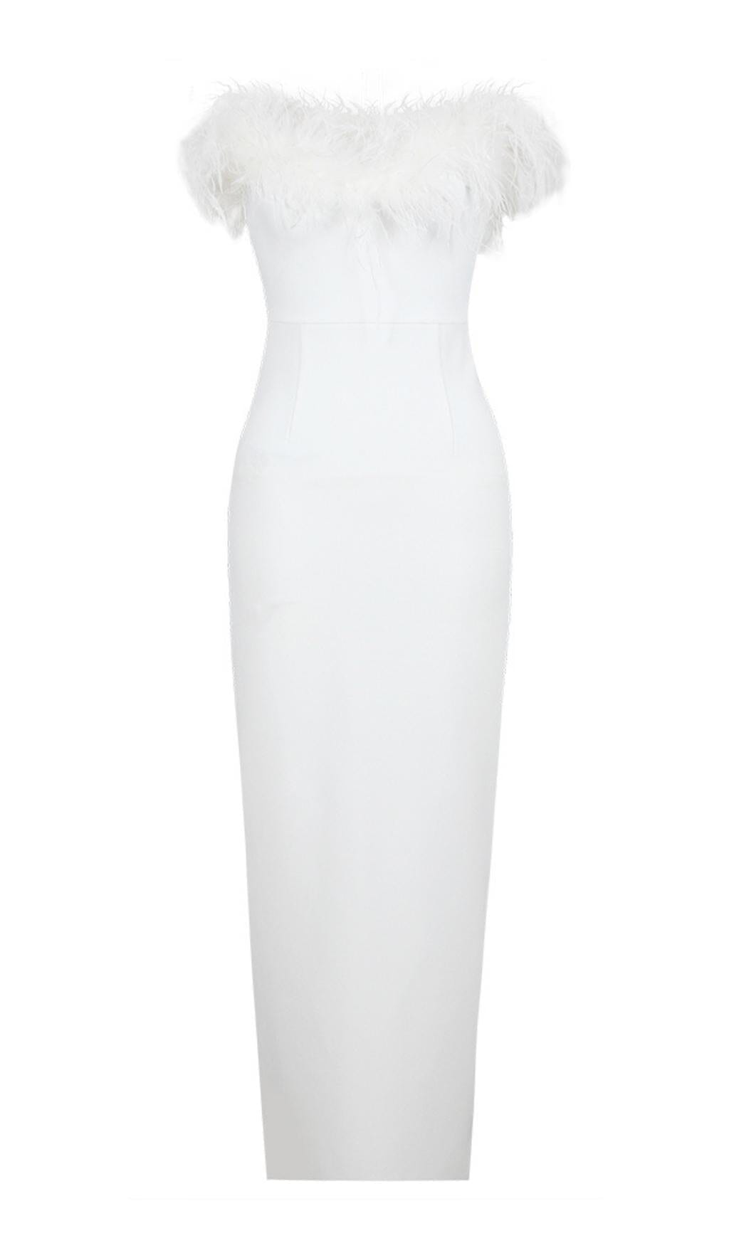 FEATHER BODYCON MAXI DRESS WHITE