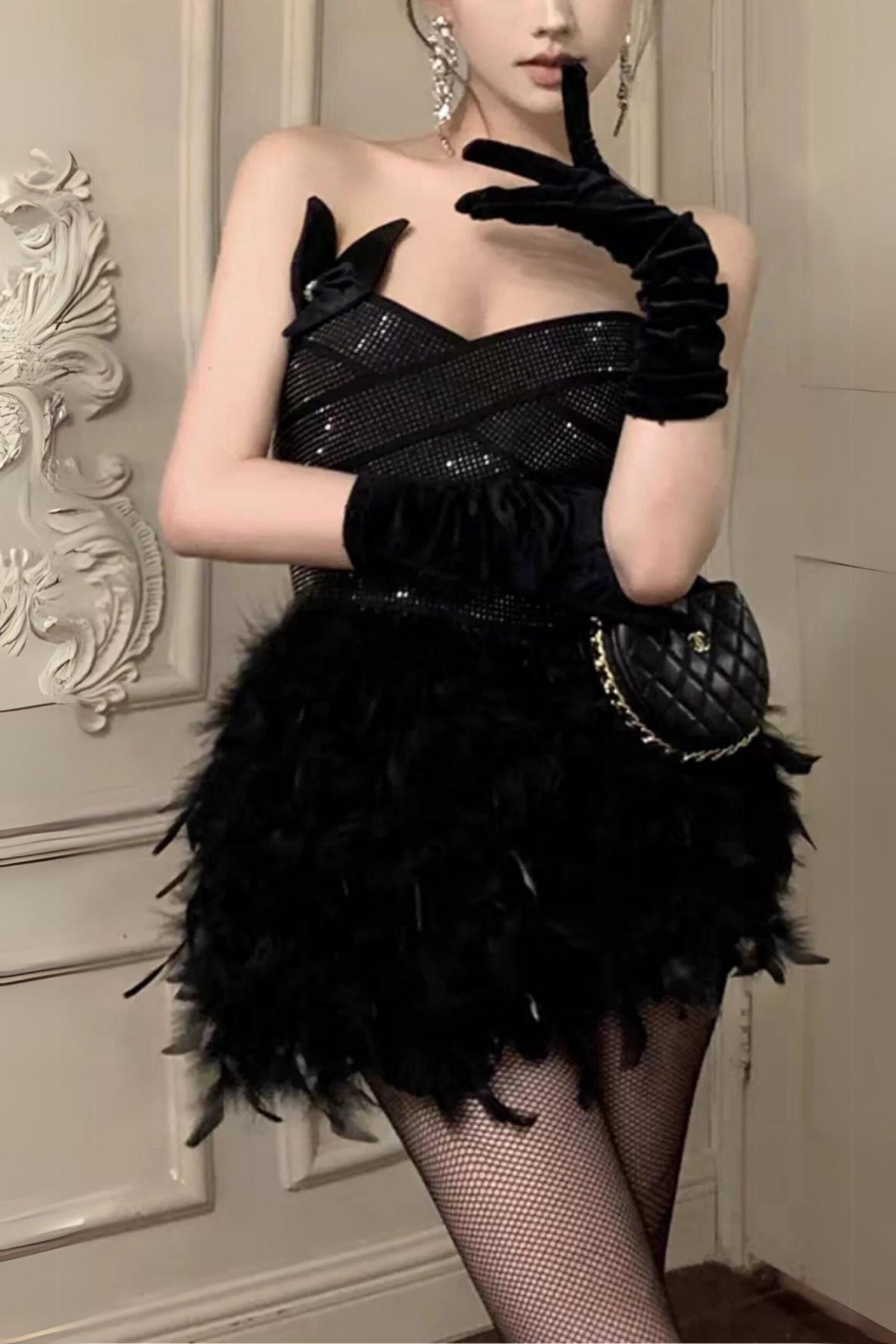 RHINESTONE FEATHER STRAPLESS MINI BLACK PARTY DRESS
