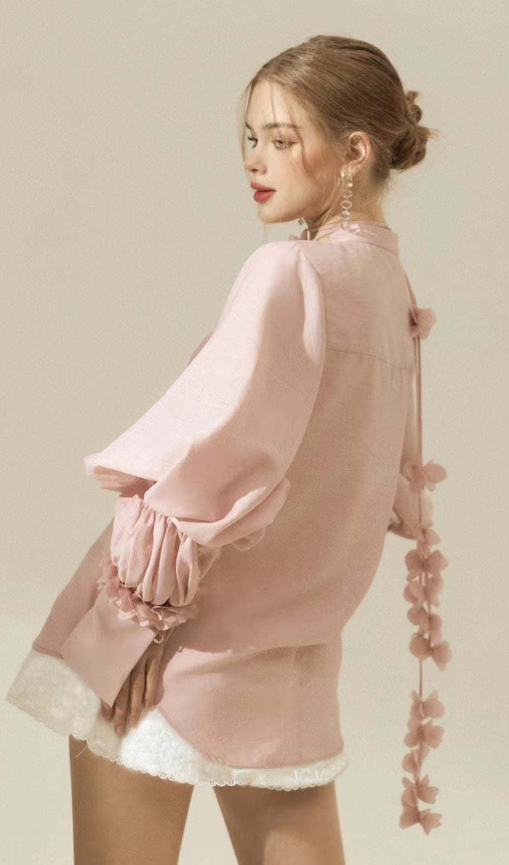 PUFF SLEEVE PINK TWO PIECE SUIT FOR WEDDING GUEST