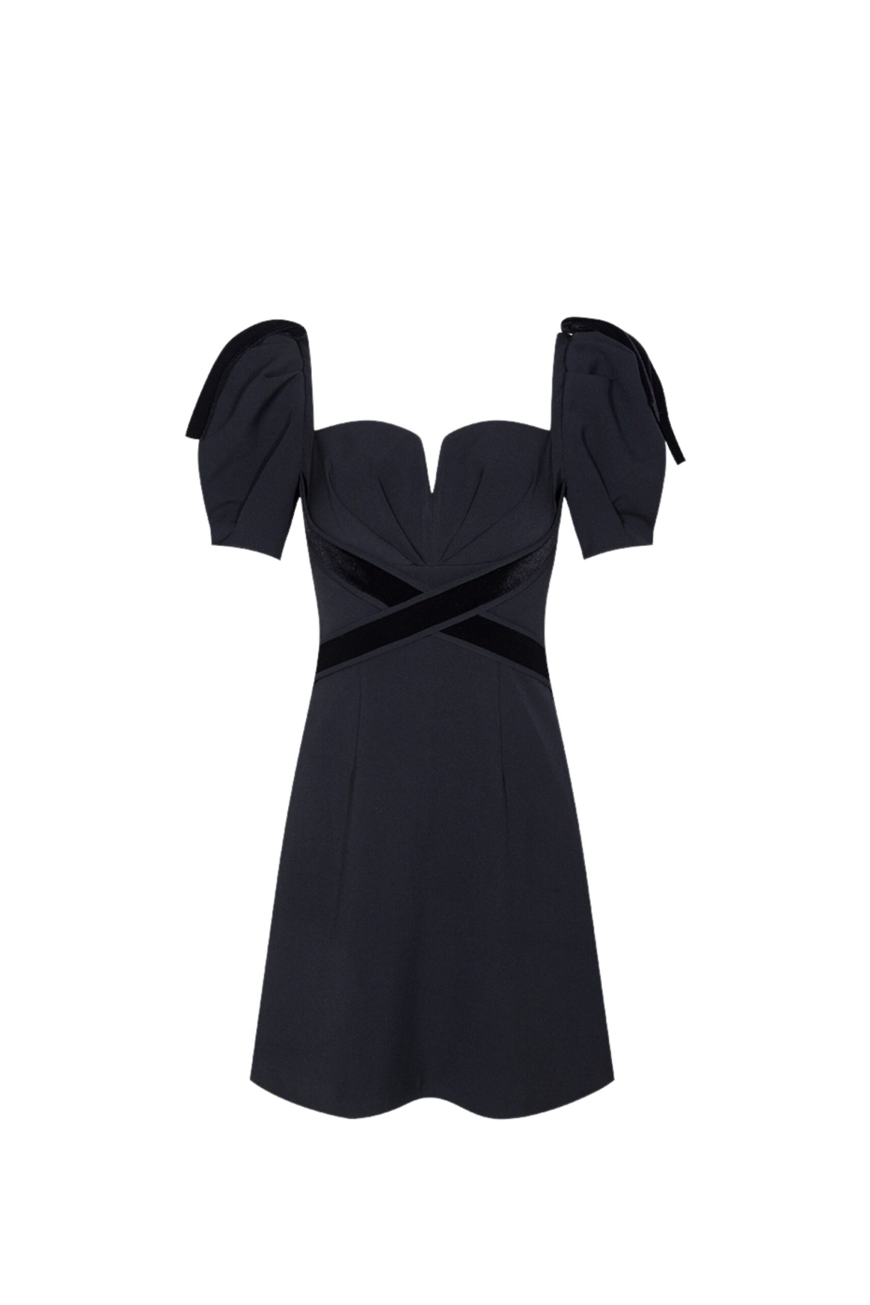 VELVET TIERED PUFF SLEEVE BLACK MINI DRESS