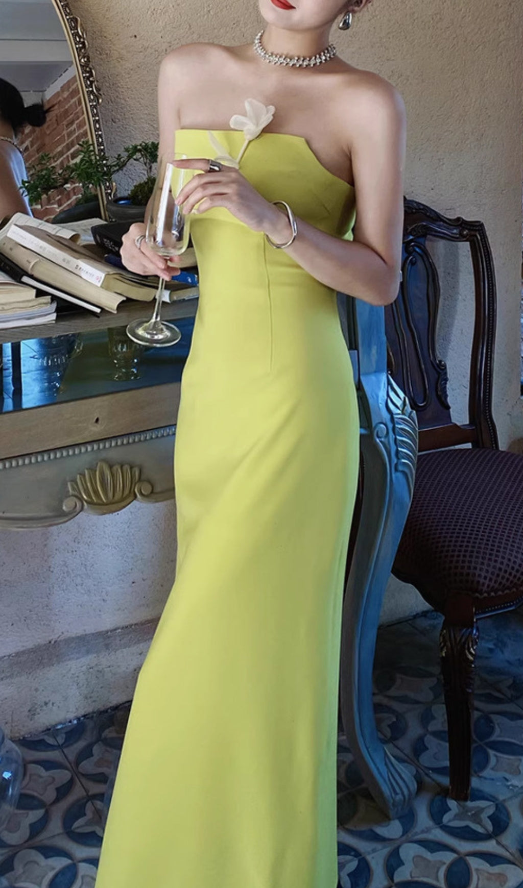 LEMON YELLOW FLORAL SLIT MAXI DRESS FOR WEDDING