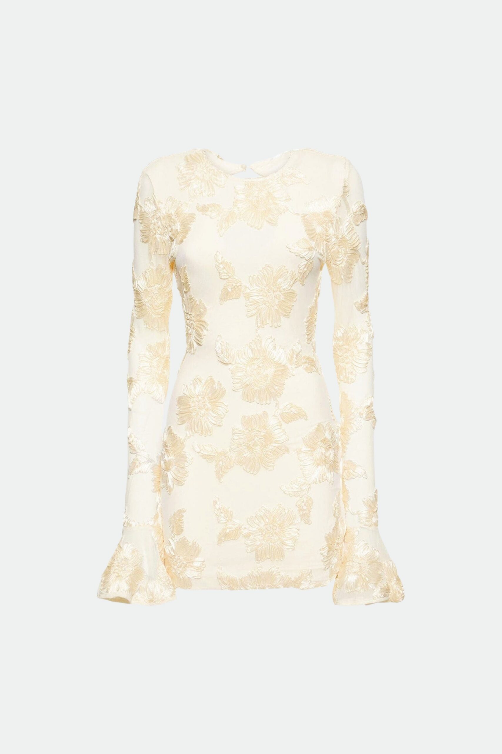 EMBROIDERED MESH FLARE SLEEVE MINI DRESS