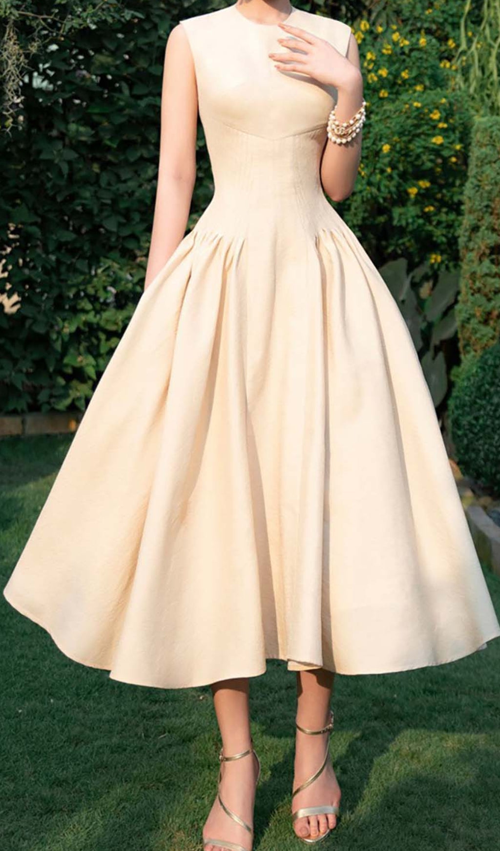 SLEEVELESS CORSET MIDI DRESS, BEIGE WEDDING GUEST