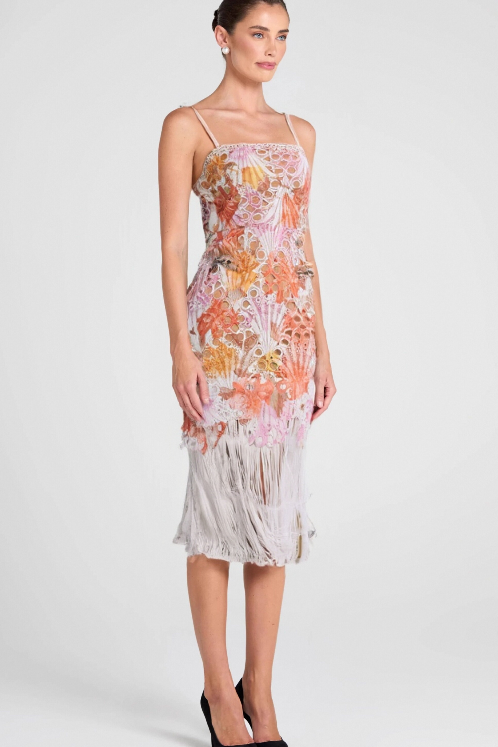 MULTICOLOR EMBROIDERED FRINGE MIDI DRESS
