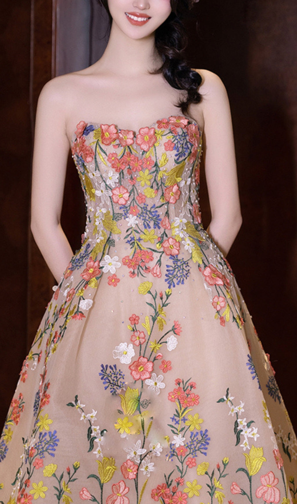 STRAPLESS FLORAL MIDI DRESS, TEA LENGTH, WEDDING GUEST