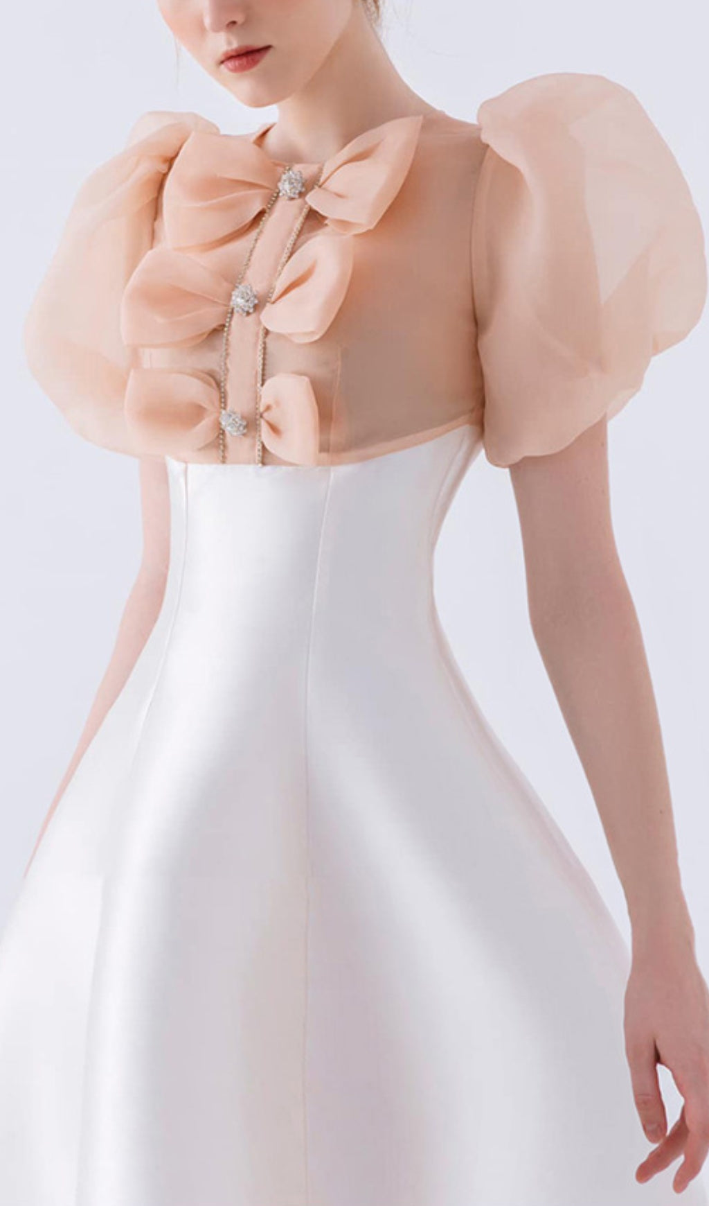 GAUZE BOW PUFF SLEEVE WHITE MINI DRESS