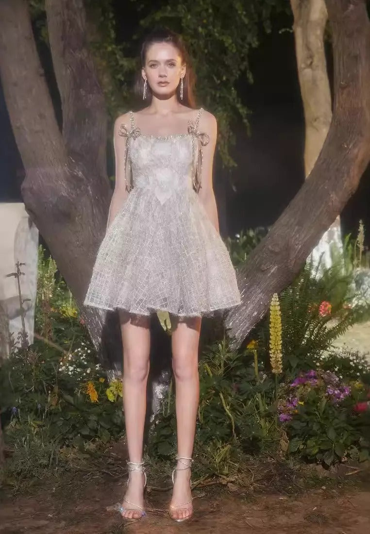 BEIGE SQUARE NECK LACE SLEEVELESS COCKTAIL DRESS