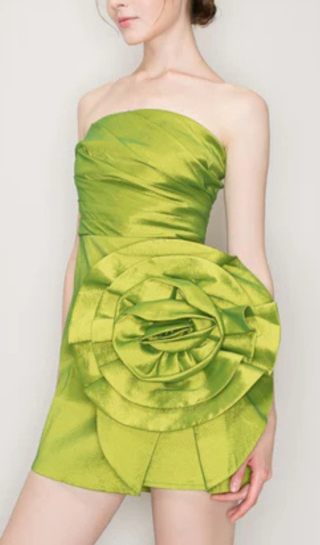SATIN STRAPLESS 3D FLORAL MINI DRESS