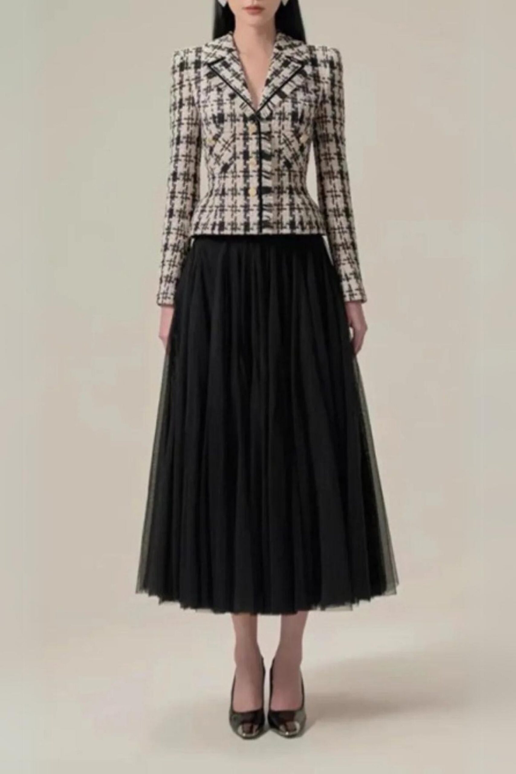 PLAID MESH SKIRT SUIT FOR OFFICE PARTY