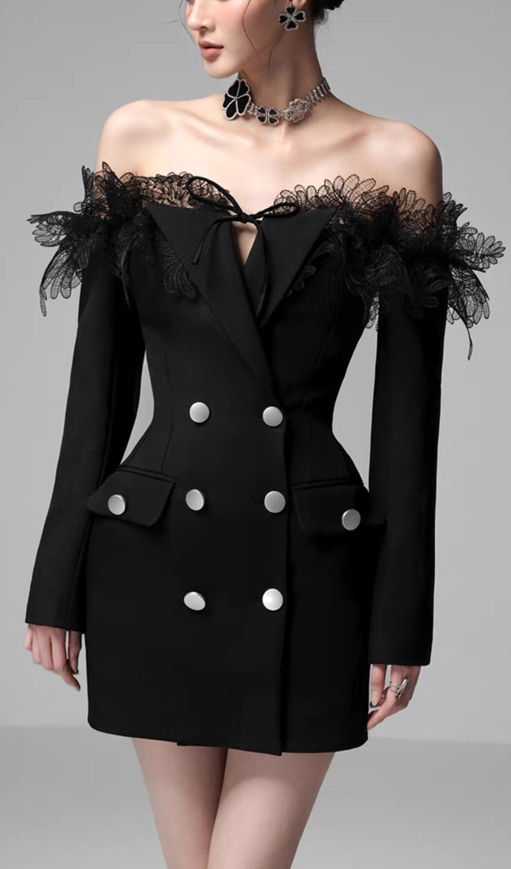 3D EMBROIDERED OFF-SHOULDER MINI DRESS, BLACK