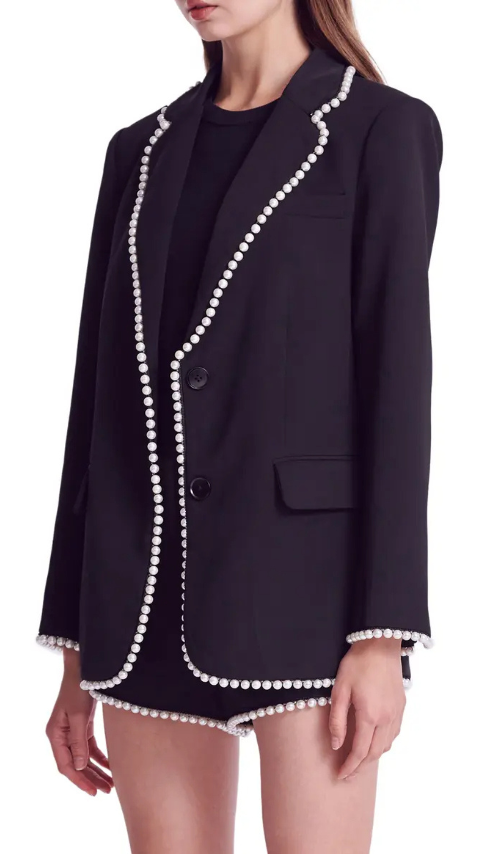 IMITATION PEARL TRIM BLAZER, BLACK, EVENING CHIC