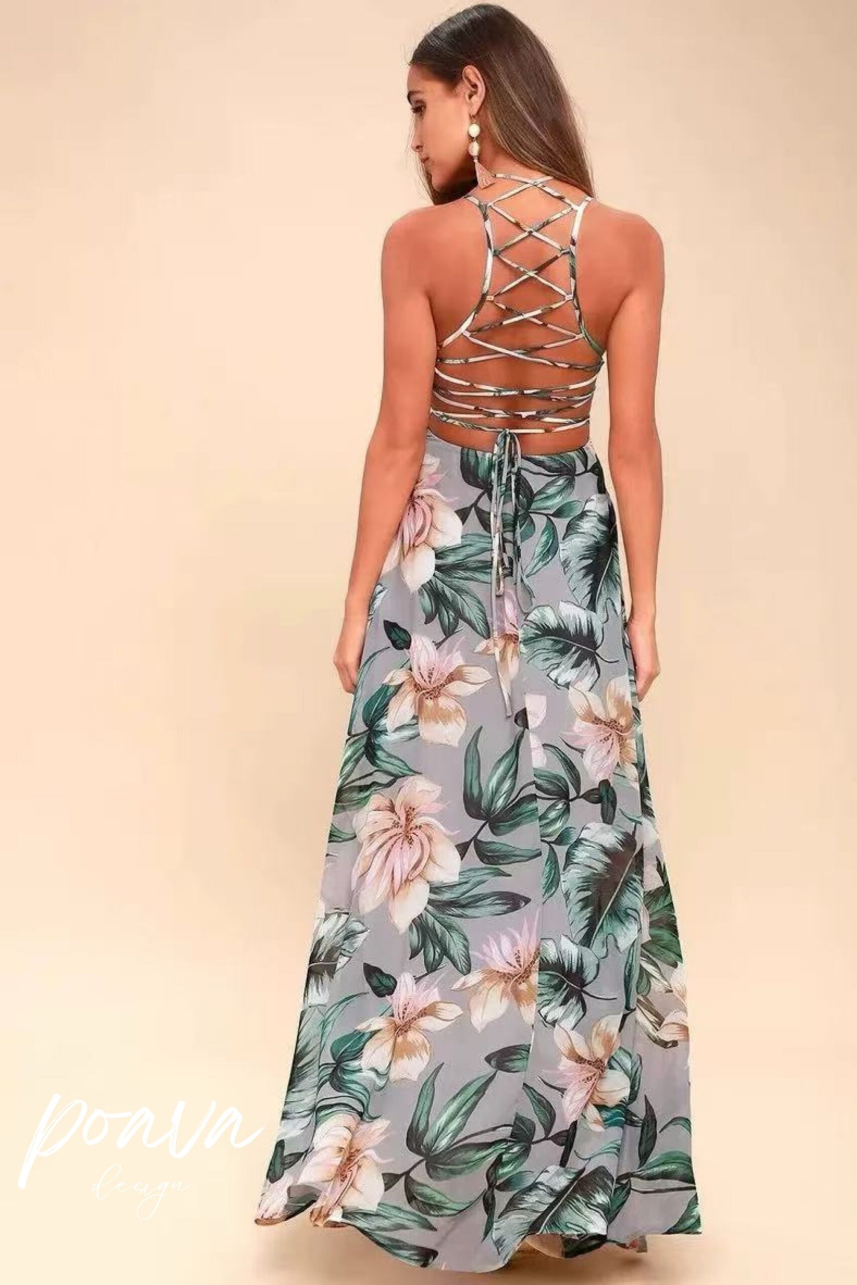 Grey Floral Print Lace-Up Maxi Dress