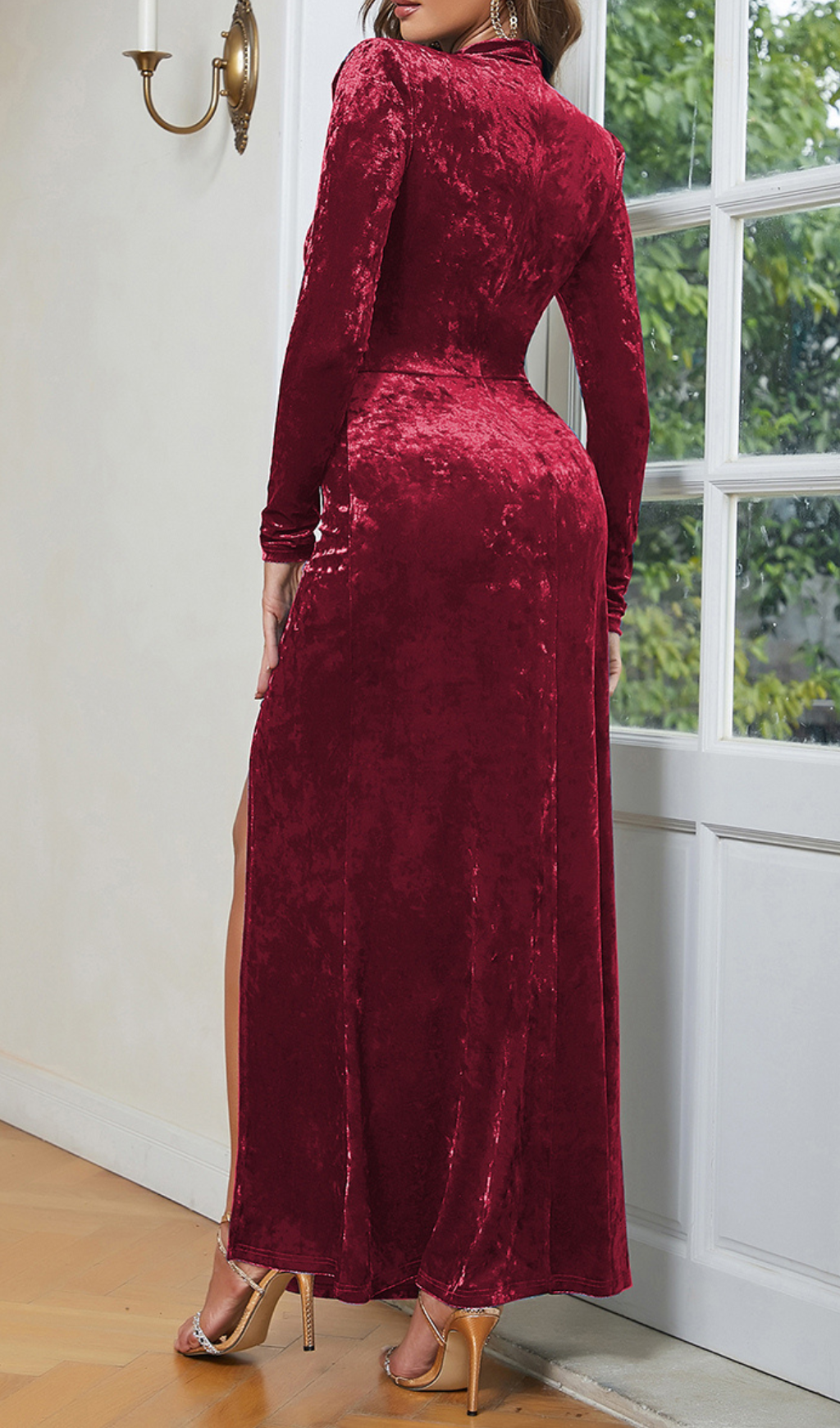 VELVET HIGH NECK HOLLOW WAIST MAXI DRESS BURGUNDY