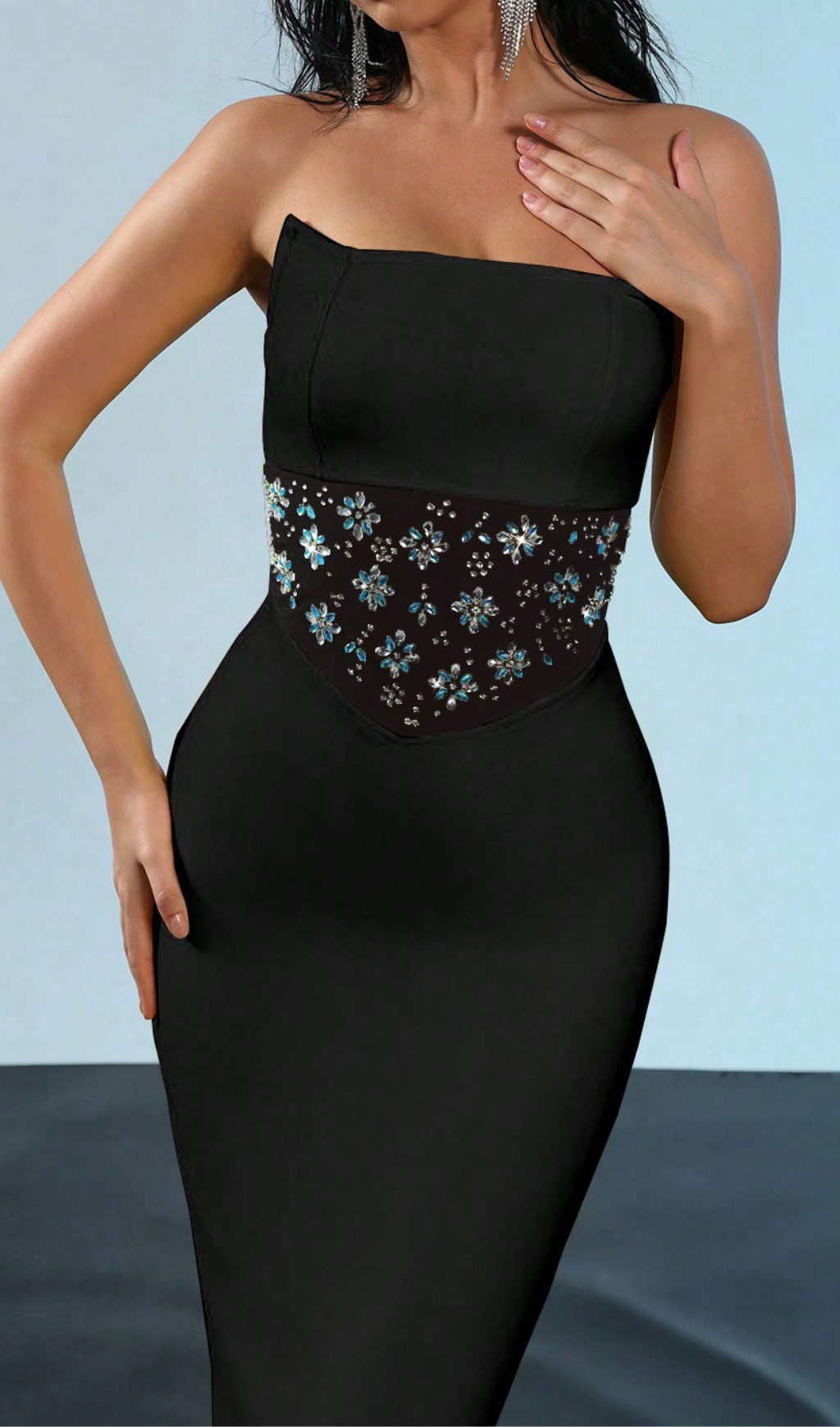 MESH SPLICE RHINESTONE BLACK BANDAGE MAXI DRESS