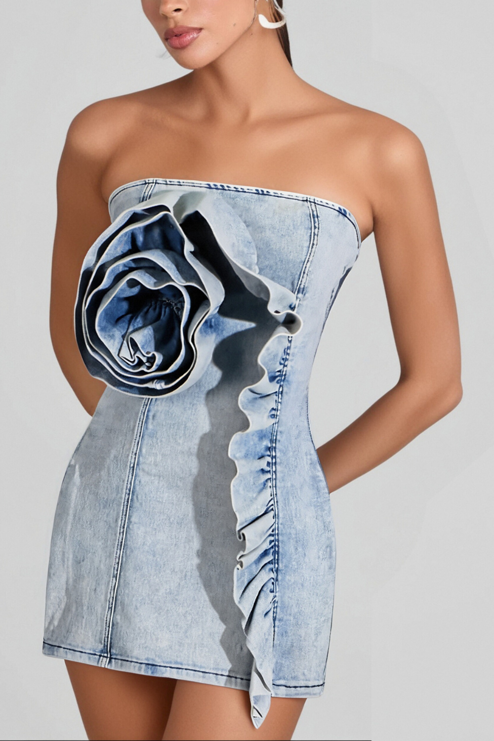 ALISON BLUE RUFFLED STRAPLESS DENIM MINI DRESS