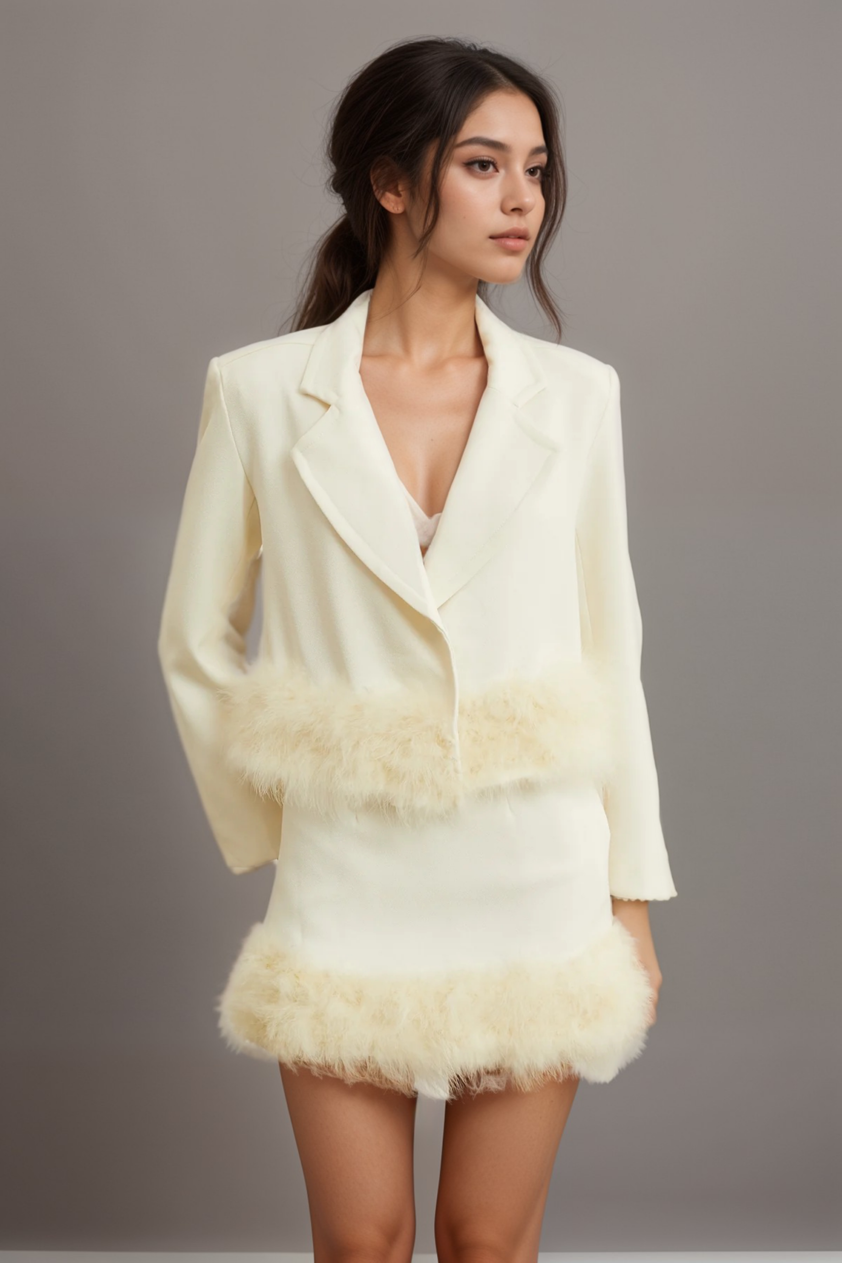 VALÉRIE FEATHER HEM BLAZER SKIRT SET