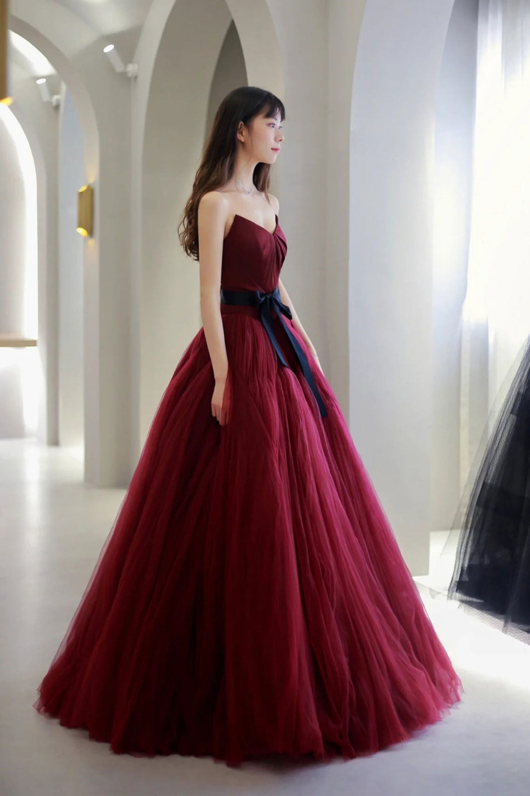 A-LINE BURGUNDY TULLE PARTY DRESS