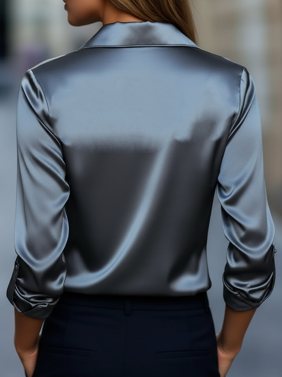 SILVER SATIN PLUNGING V-NECK BLOUSE FOR EVENING