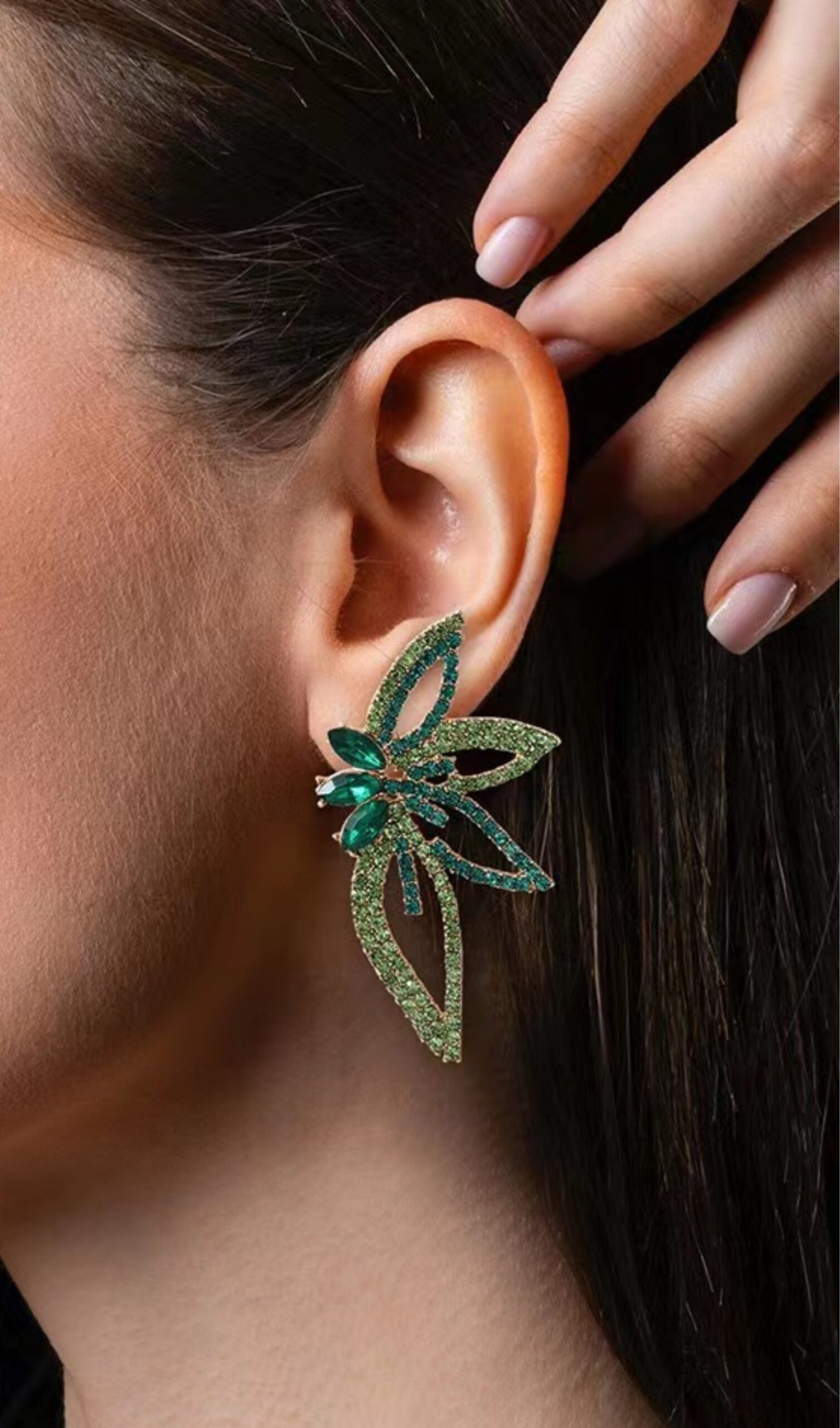 GREEN CRYSTAL FLOWER DROP EARRINGS FOR WEDDING